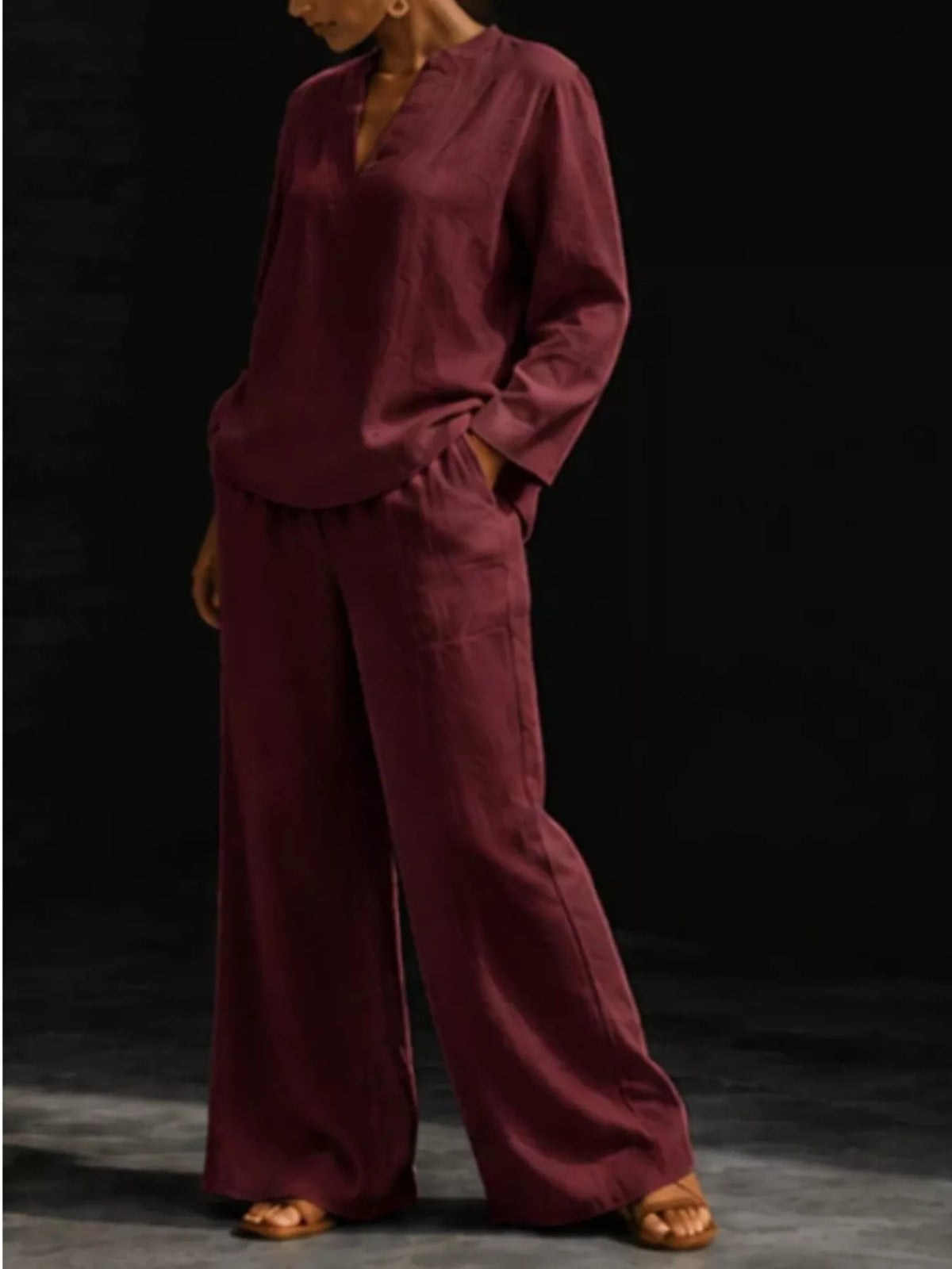 Trendsi Notched Long Sleeve Top and Pants Set -