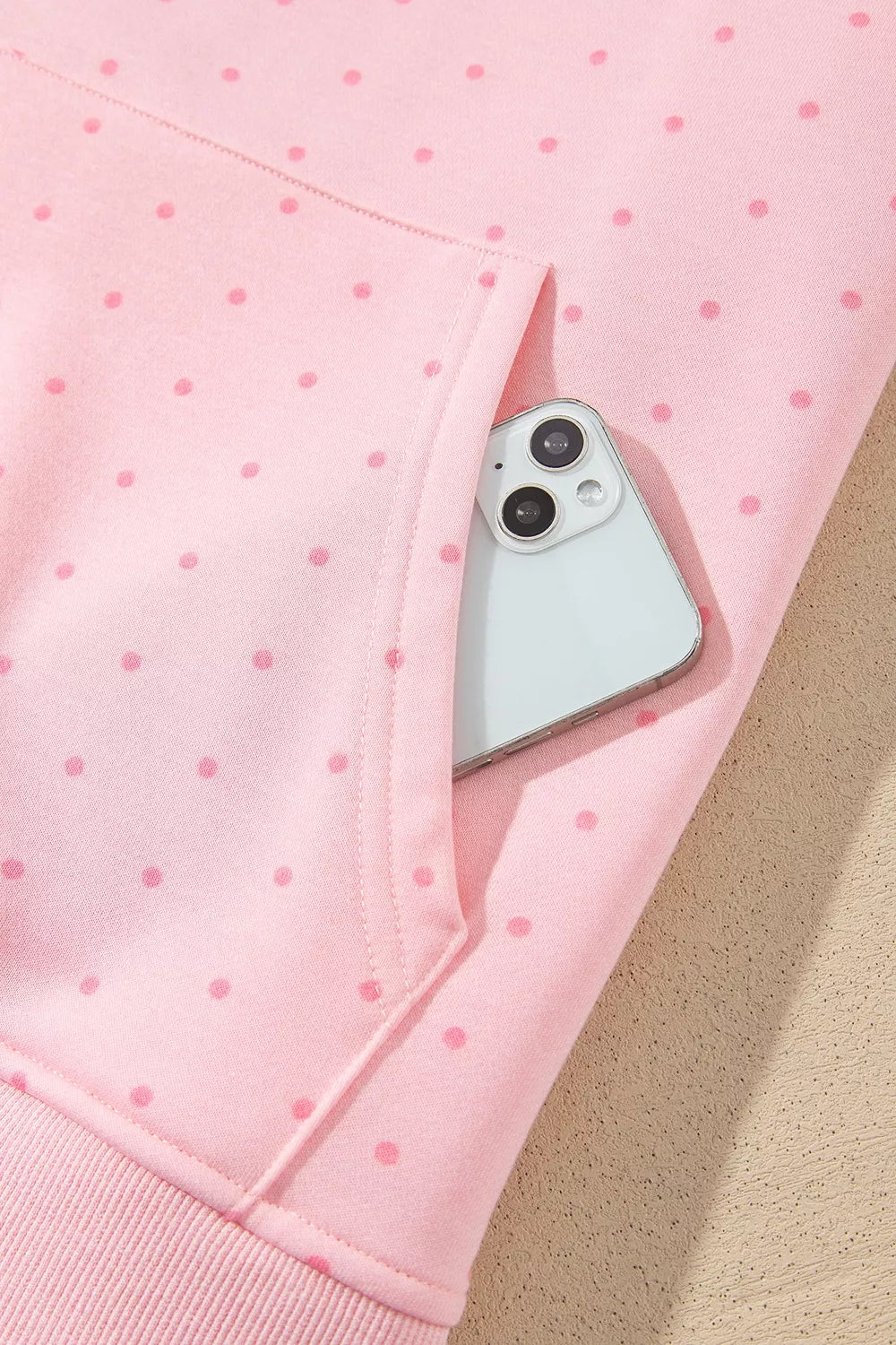 Pink polka dot oversized hoodie and shorts set — design and construction details
