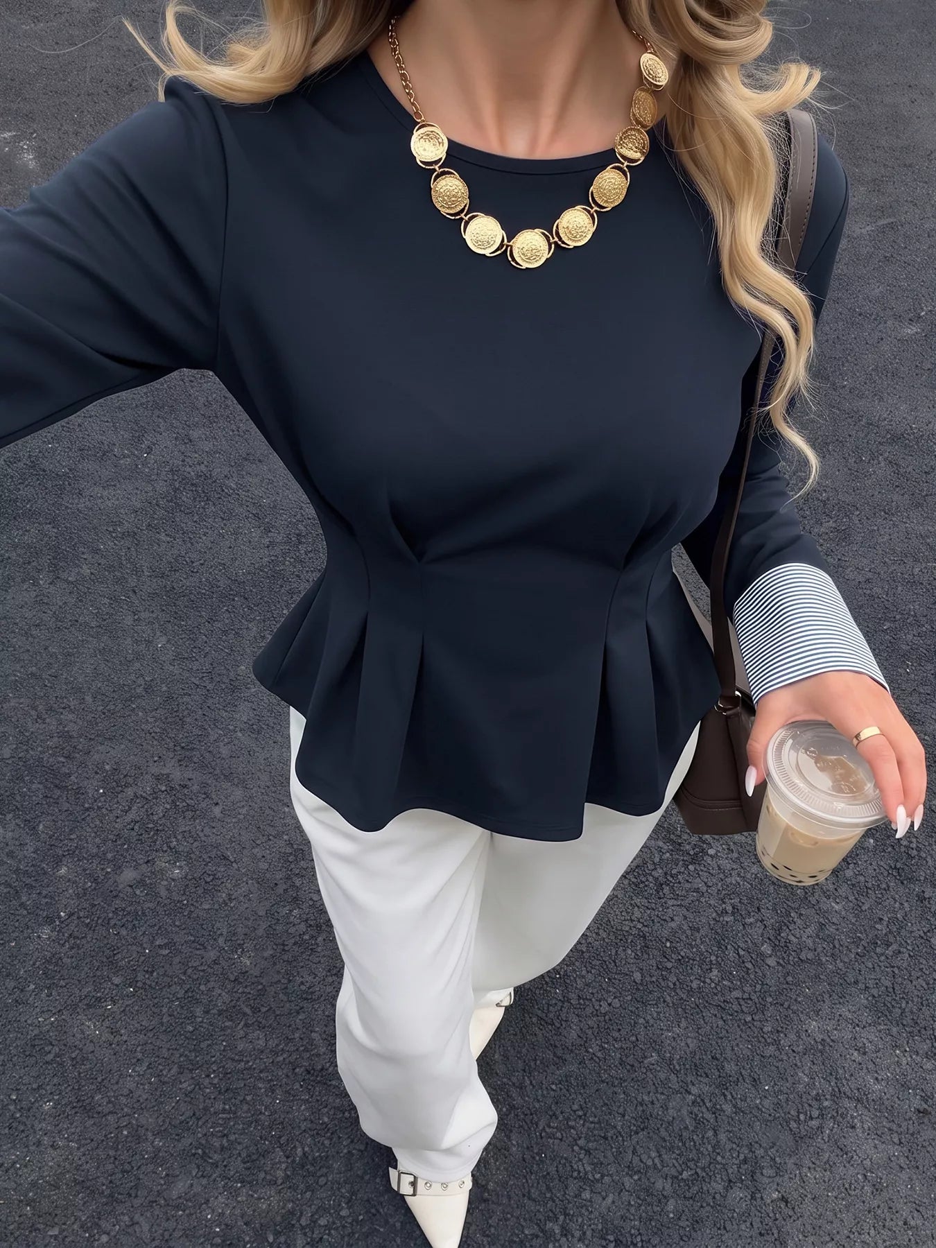 Trendsi Round Neck Peplum Top with Striped Cuffs -