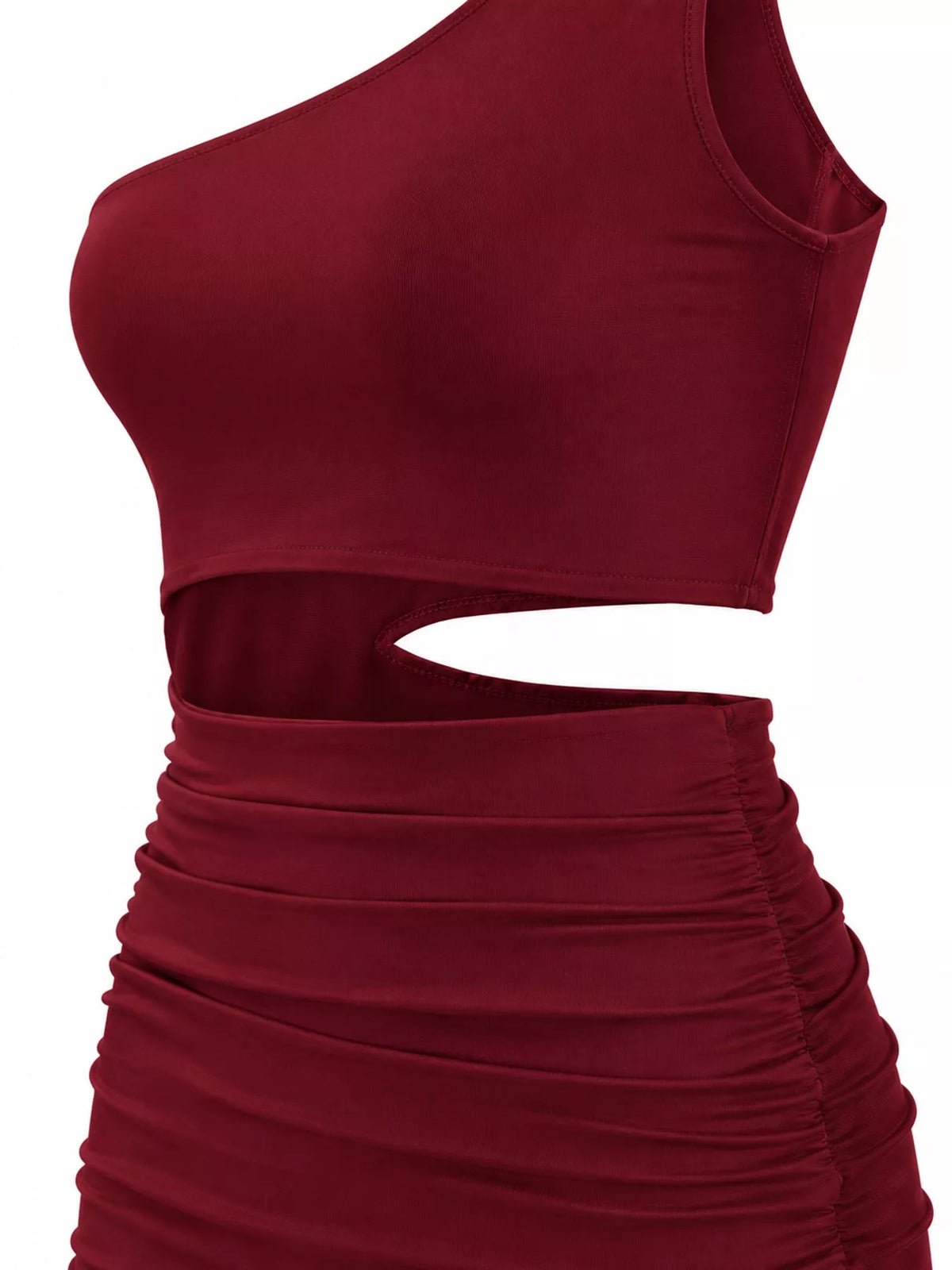 One-shoulder cutout dress, burgundy waist detail