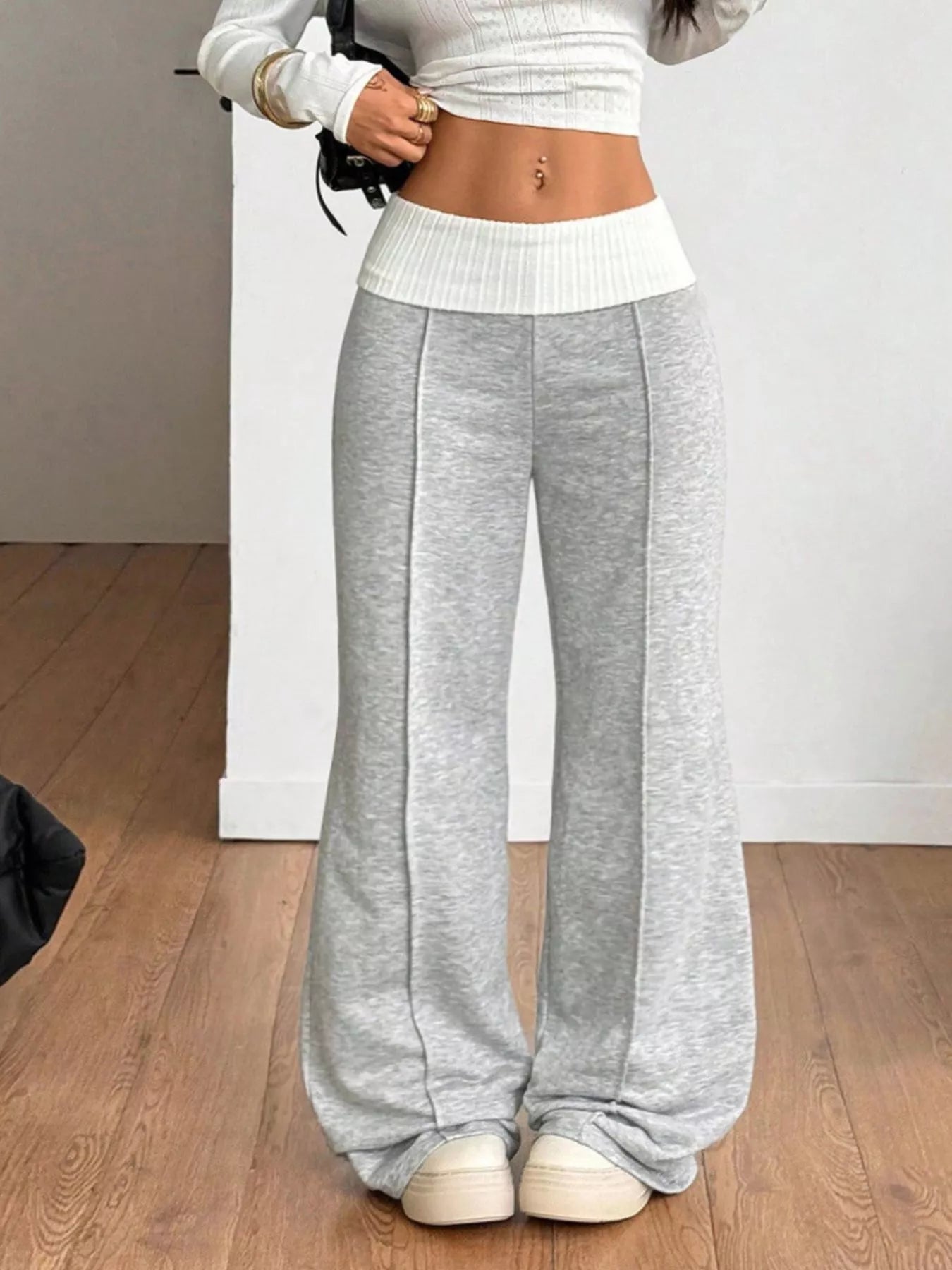 Ribbed-waistband wide-leg pants