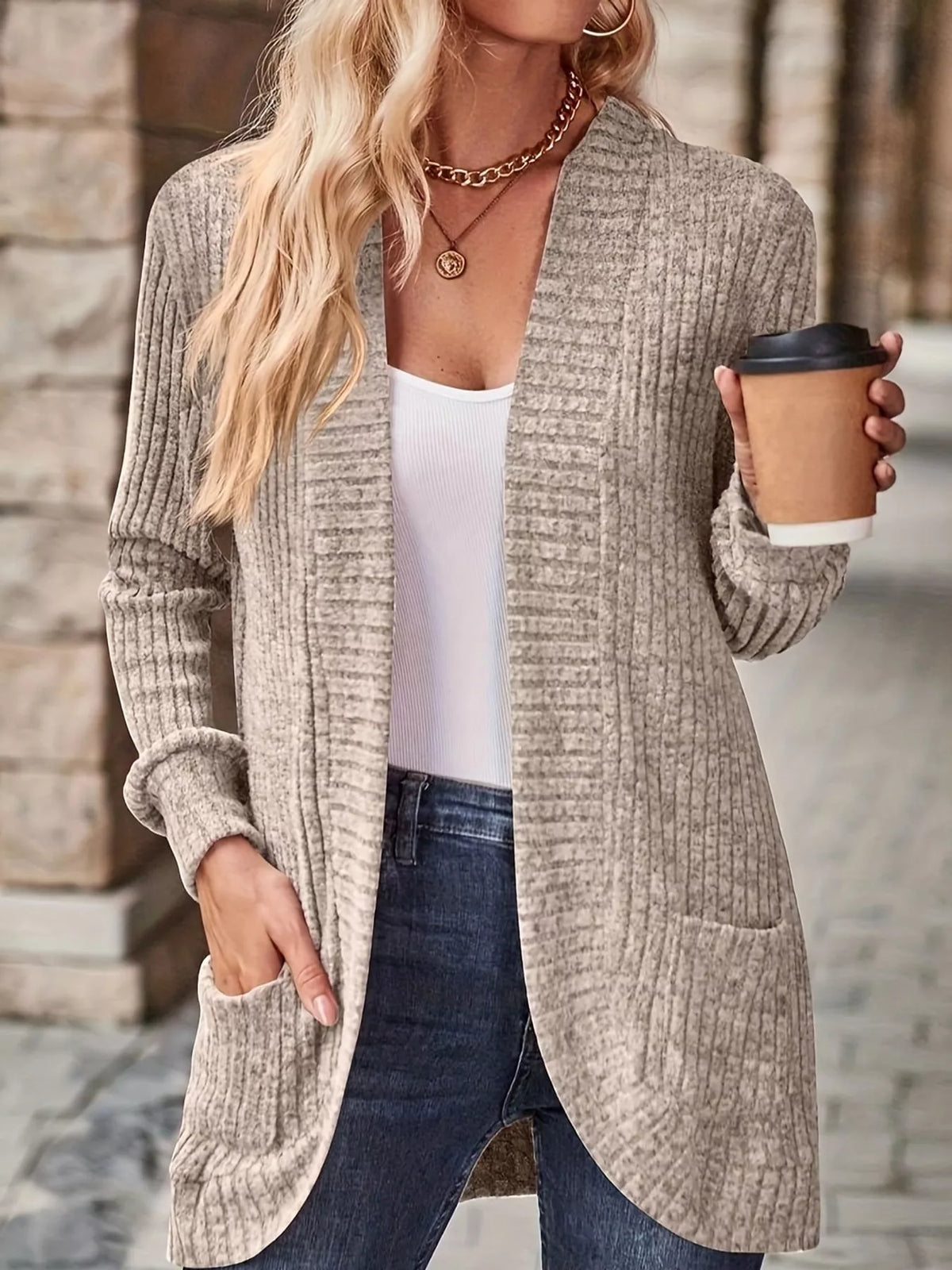 Ribbed Knit Open Front Cardigan with Pockets — front view