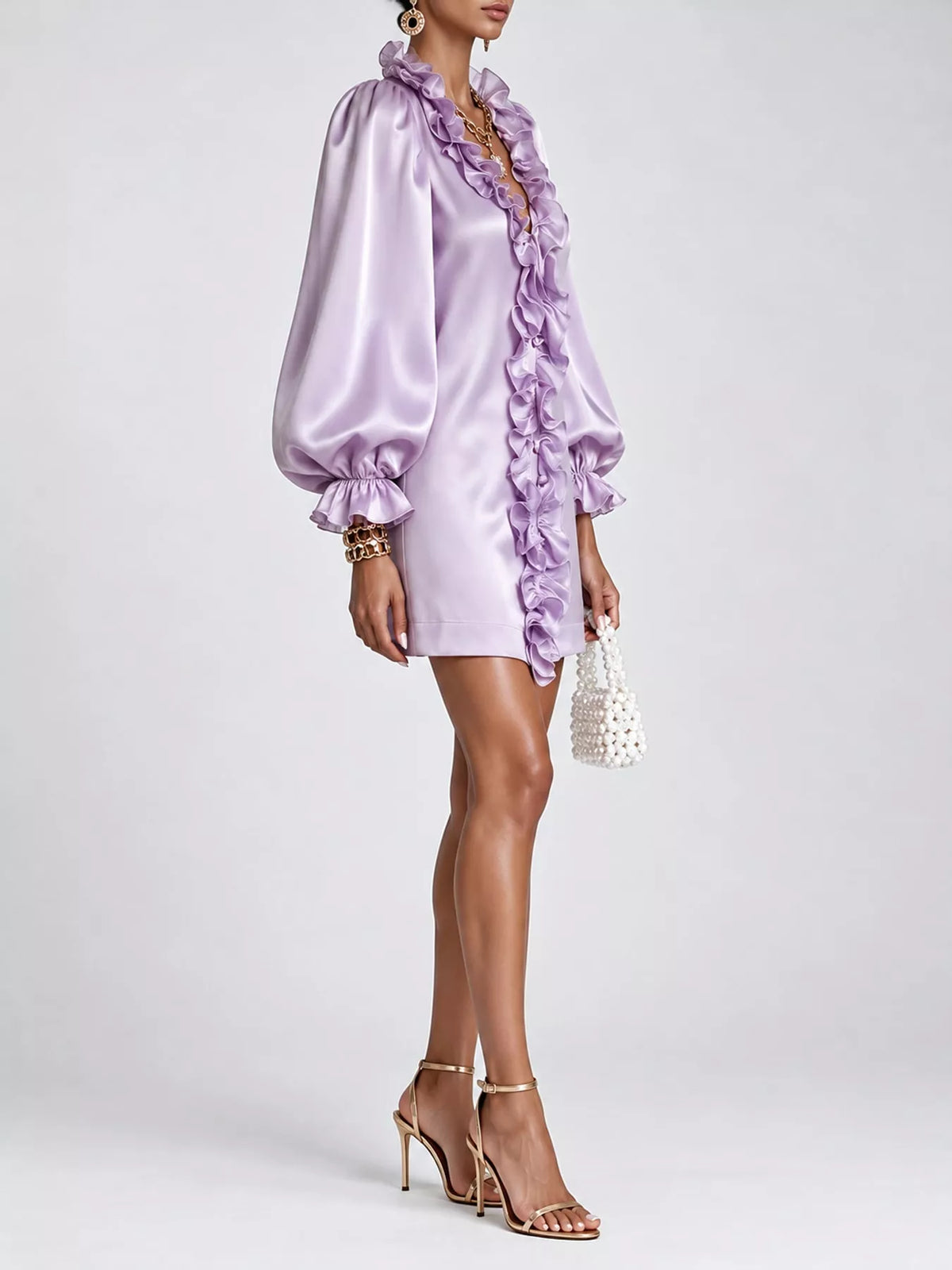 Ruffle Trim Puff Sleeve Mini Dress in lavender, side view