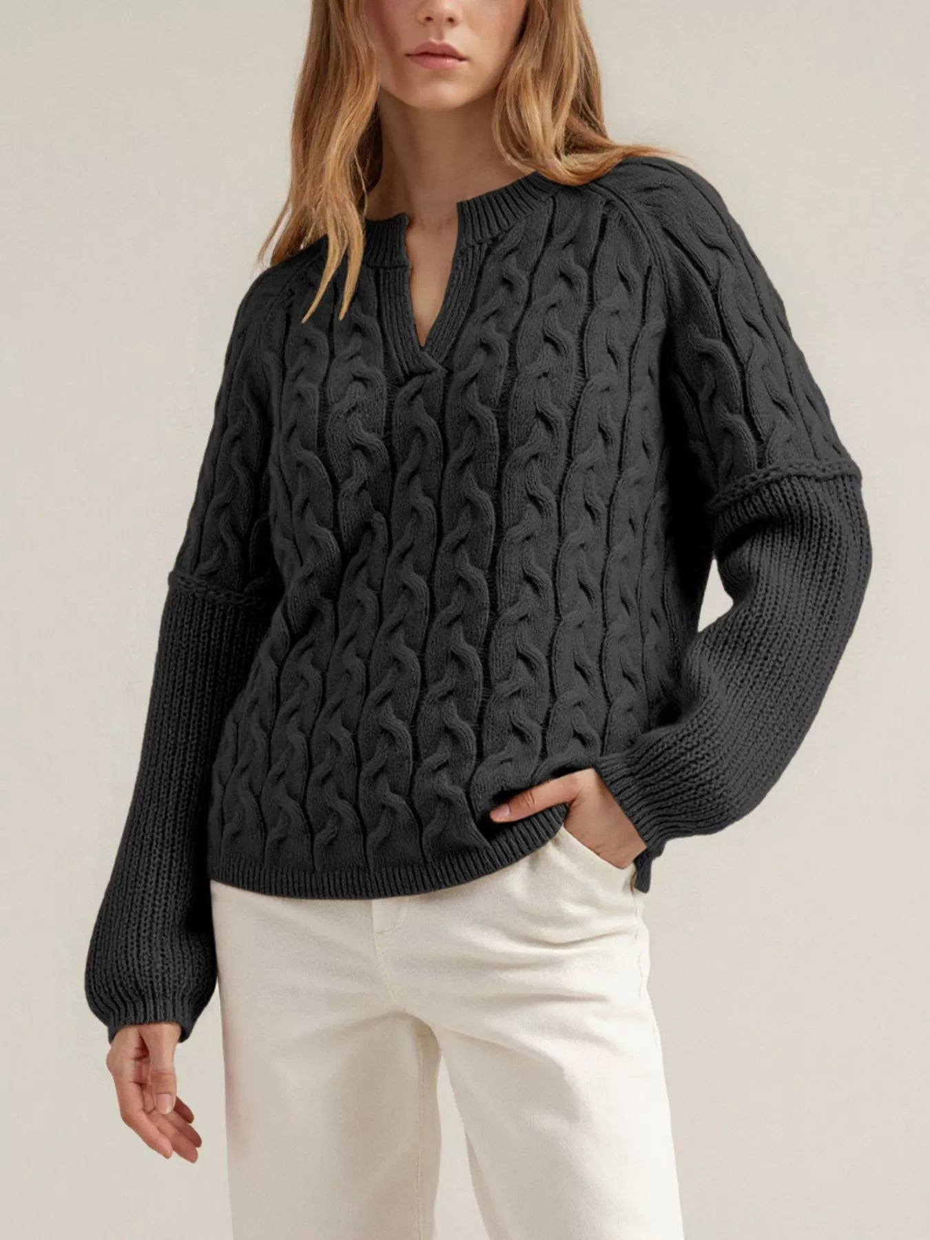 Trendsi Cable-Knit Dropped Shoulder Sweater -