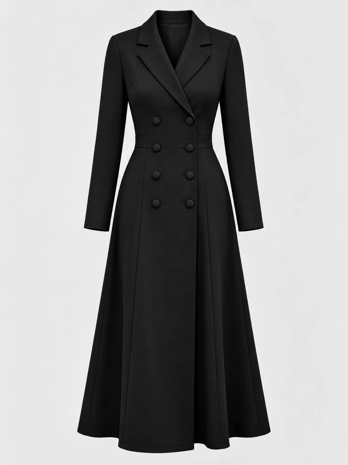 Black double-breasted lapel collar midi dress — front view