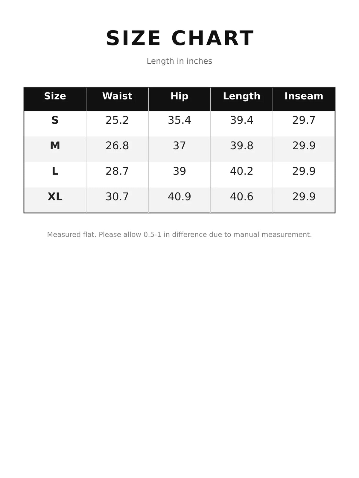Size chart for high-waisted slim-fit cargo flare pants with drawstring