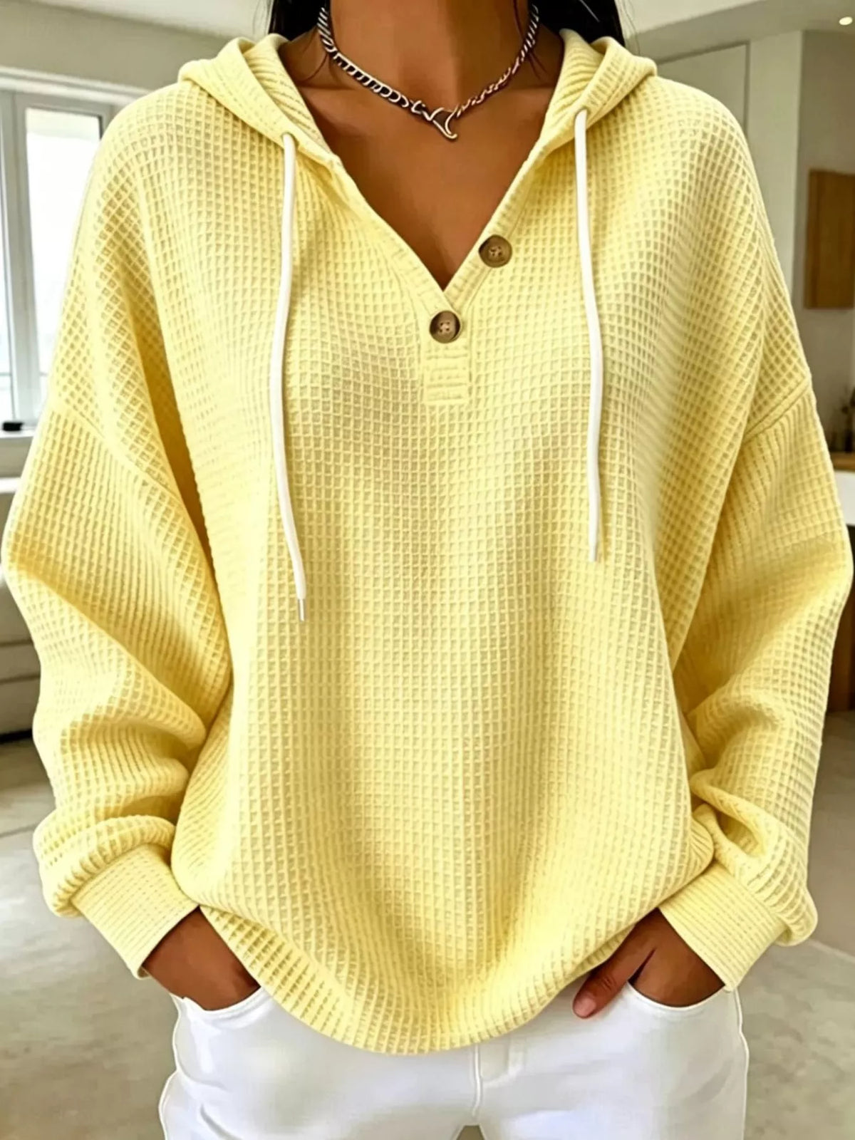 Waffle-knit hoodie, yellow front
