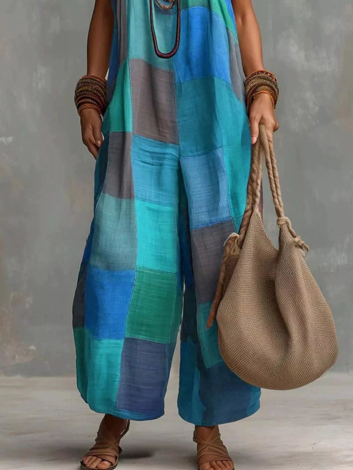 Sky Blue Plaid Halter Neck Wide-Leg Jumpsuit back view