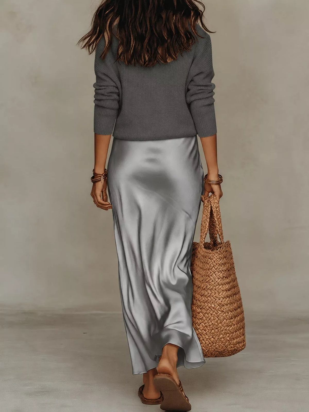 Gray-Set v-neck top and satin midi skirt set, back view