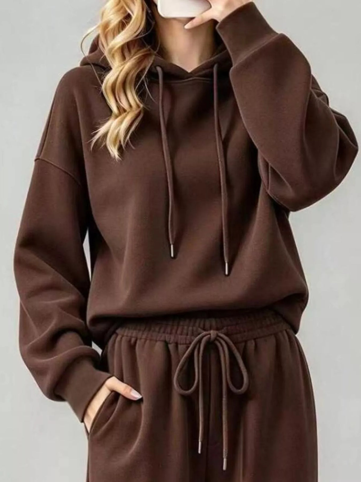 Dark Brown dropped shoulder hoodie and wide-leg pants set