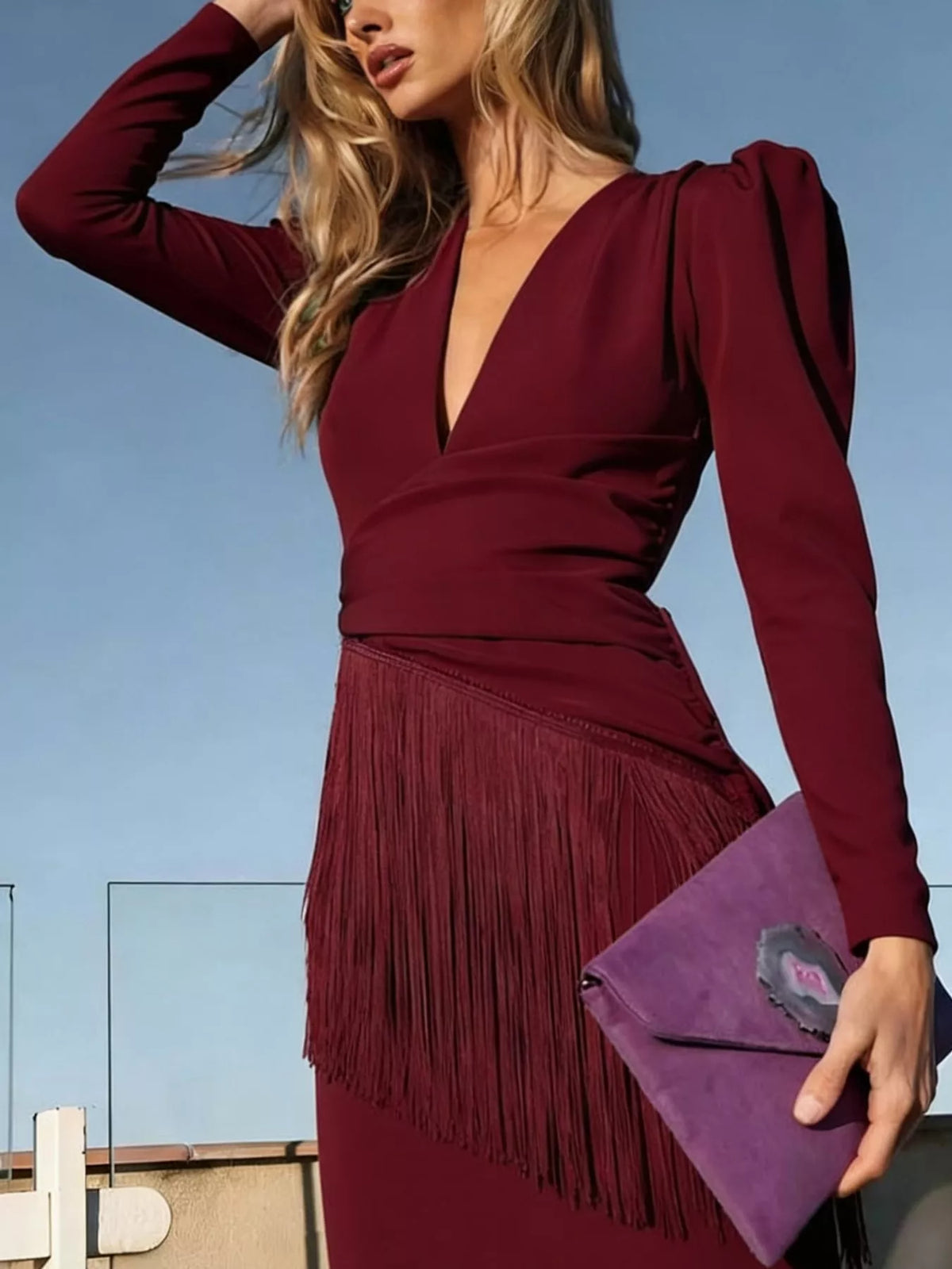 Women's Fringed V-Neck Puff Sleeve Midi Dress in burgundy — bodice detail view