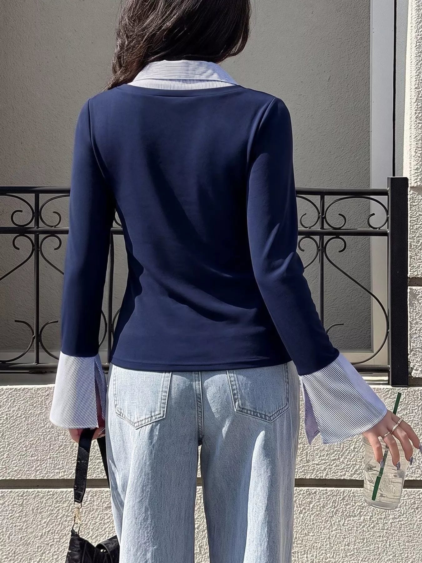 Trendsi Contrast Collar Long Sleeve Top -