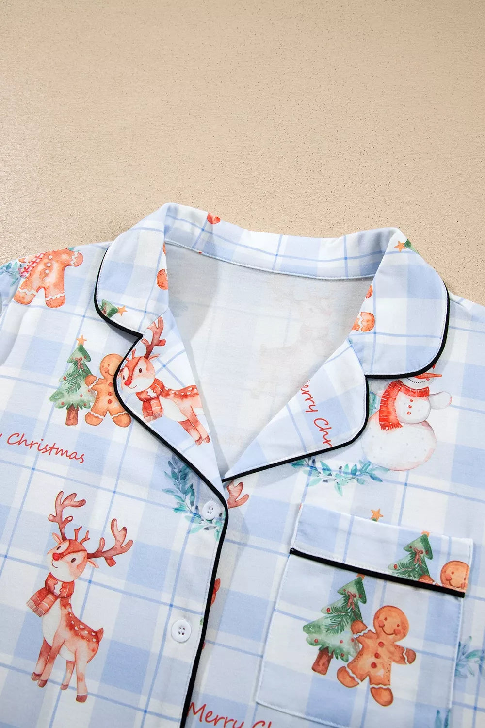 Light blue Christmas print plaid pajama set, collar detail
