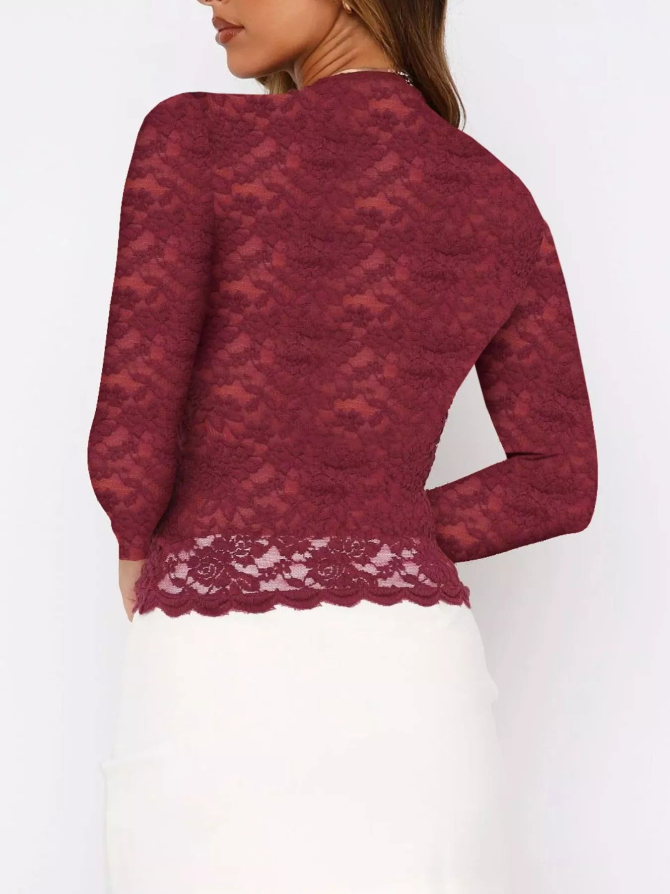 Trendsi Sheer Lace Long Sleeve V-Neck Top -