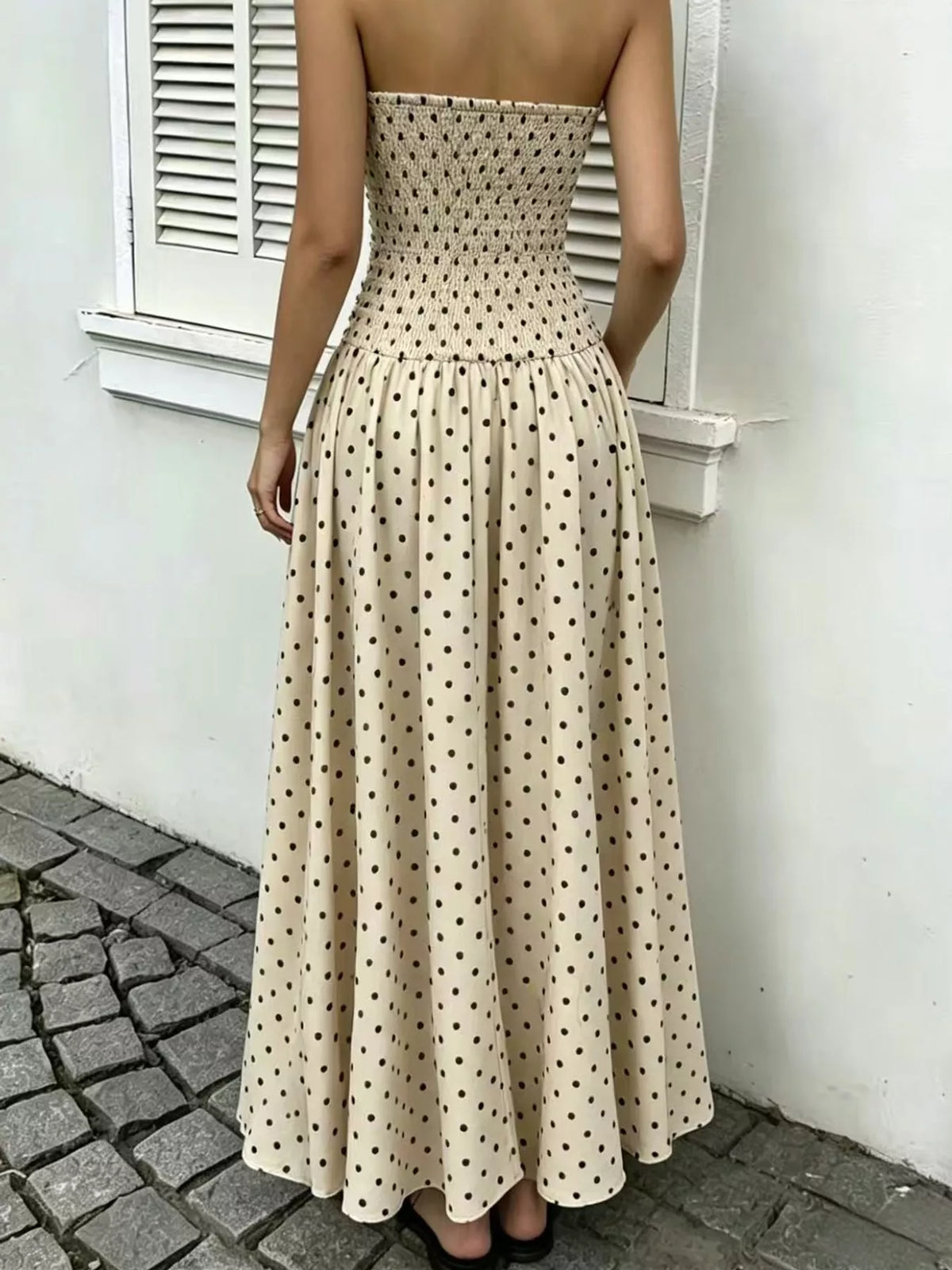 Women's Strapless Polka Dot Ruched Maxi Dress in beige dots — back view