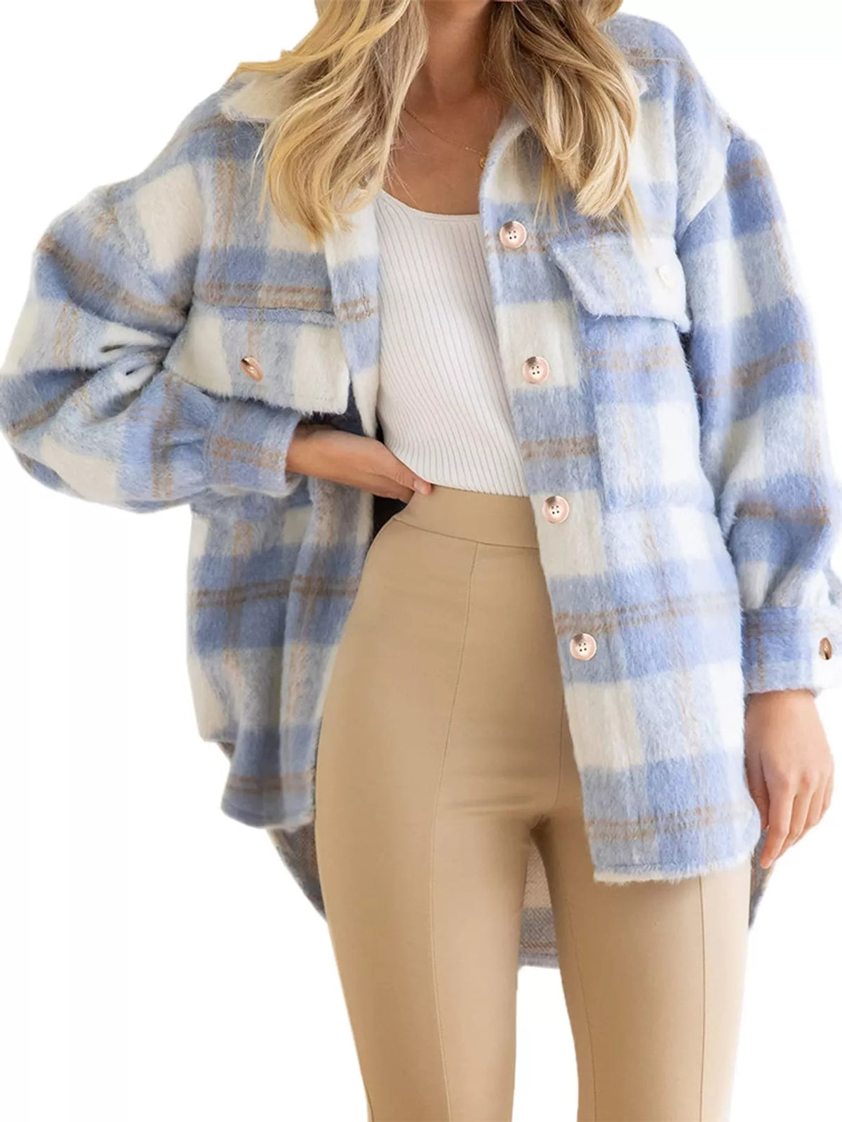 Blue and cream plaid button down jacket, front view