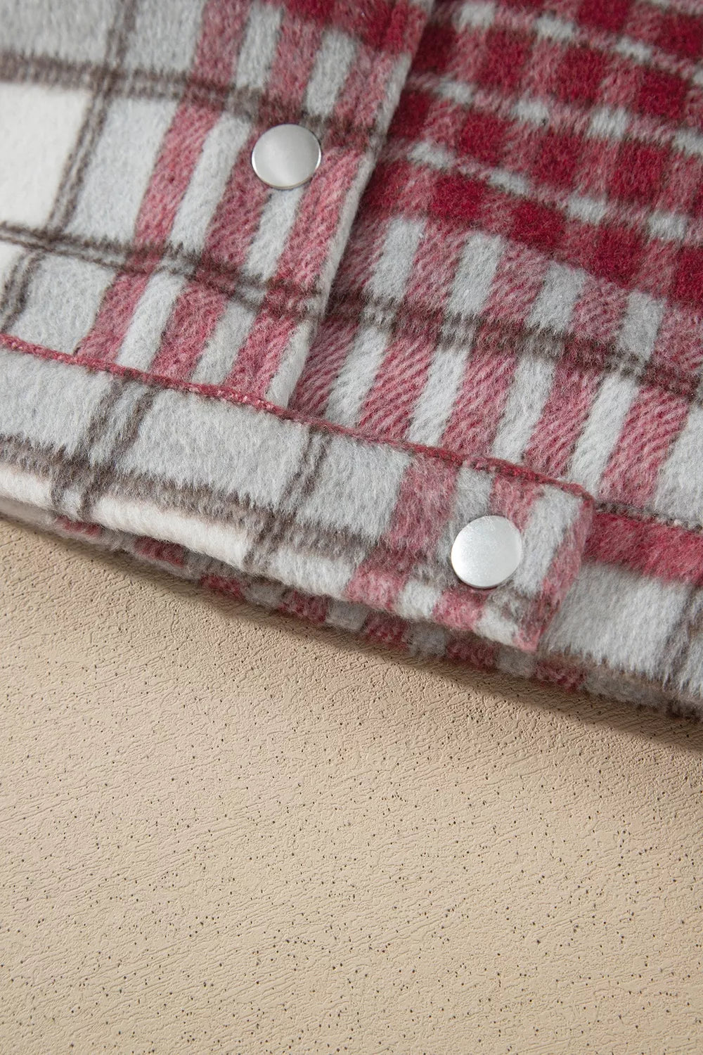 Plaid Button-Collar Long Sleeve Jacket, hem detail