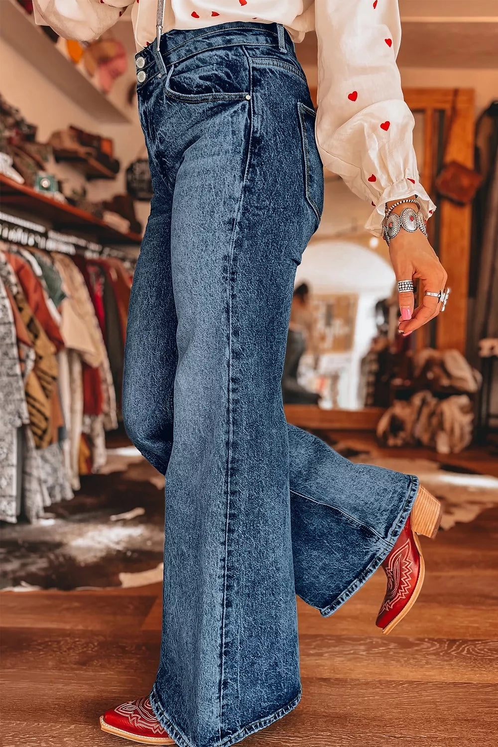 Trendsi Acid Wash Pocket Detail Flare Jeans -