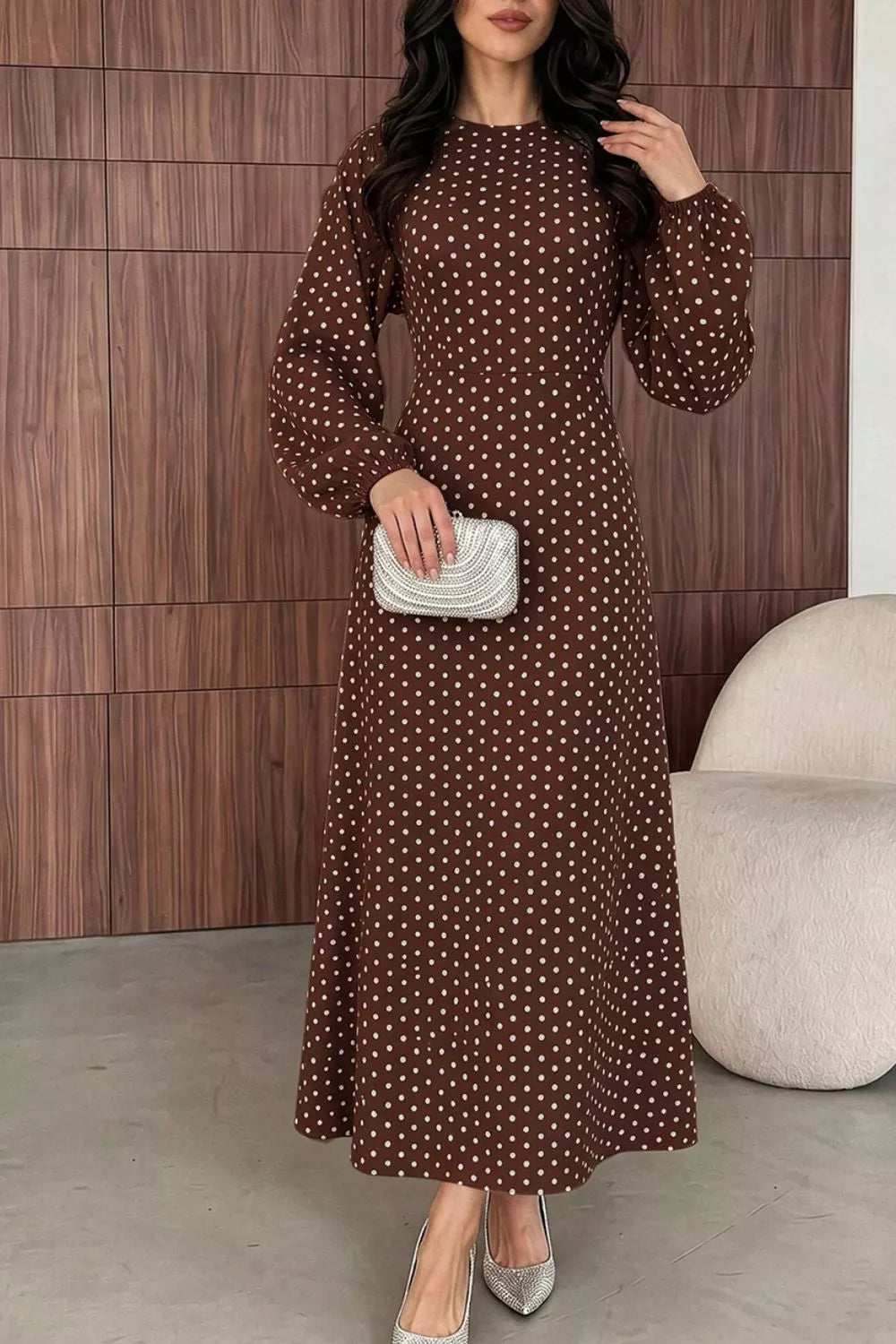 Coffee brown polka dot long sleeve maxi dress