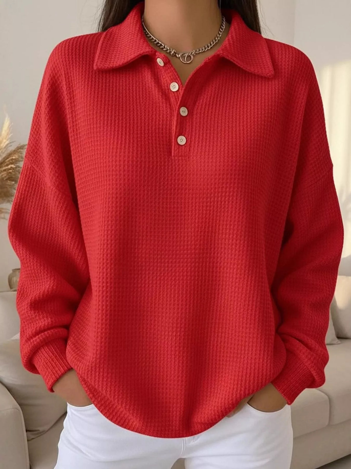 Waffle Knit Quarter-Button Polo T-Shirt — front view