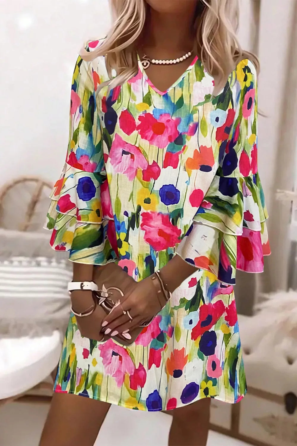 Trendsi V-Neck Ruffle Sleeve Floral Print Mini Dress -
