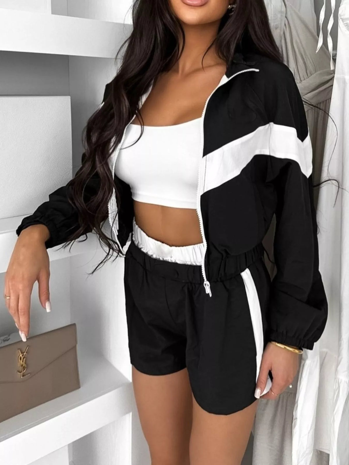 Trendsi Color Block Zip-Up Jacket and Shorts Two-Piece Set -