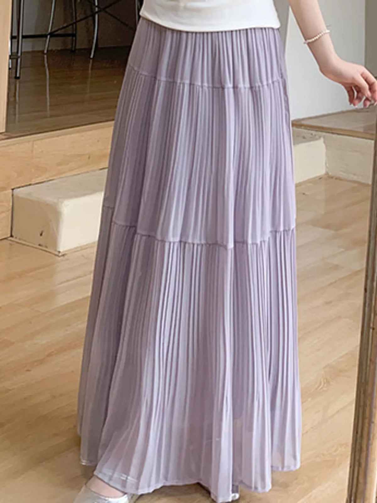 High-Waisted Tiered Pleated Maxi Skirt, front view