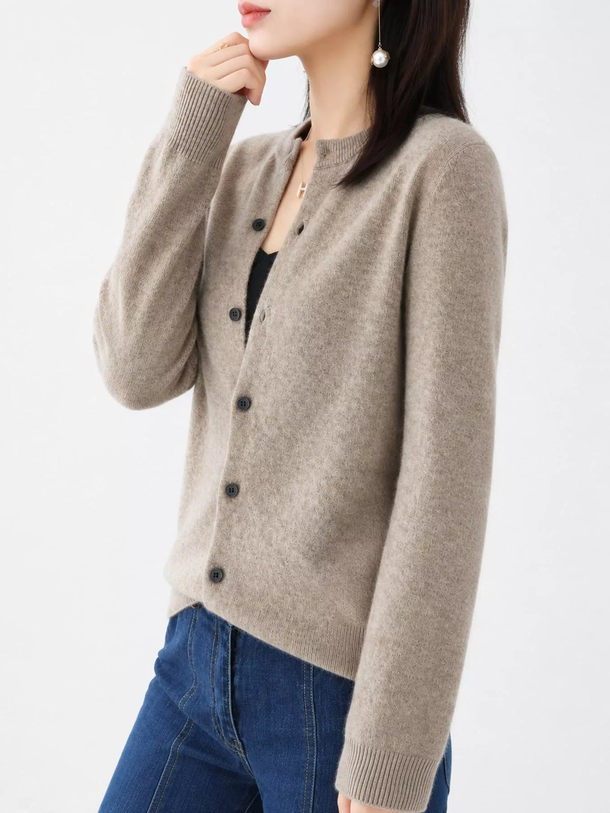 Taupe crew neck button-front cardigan