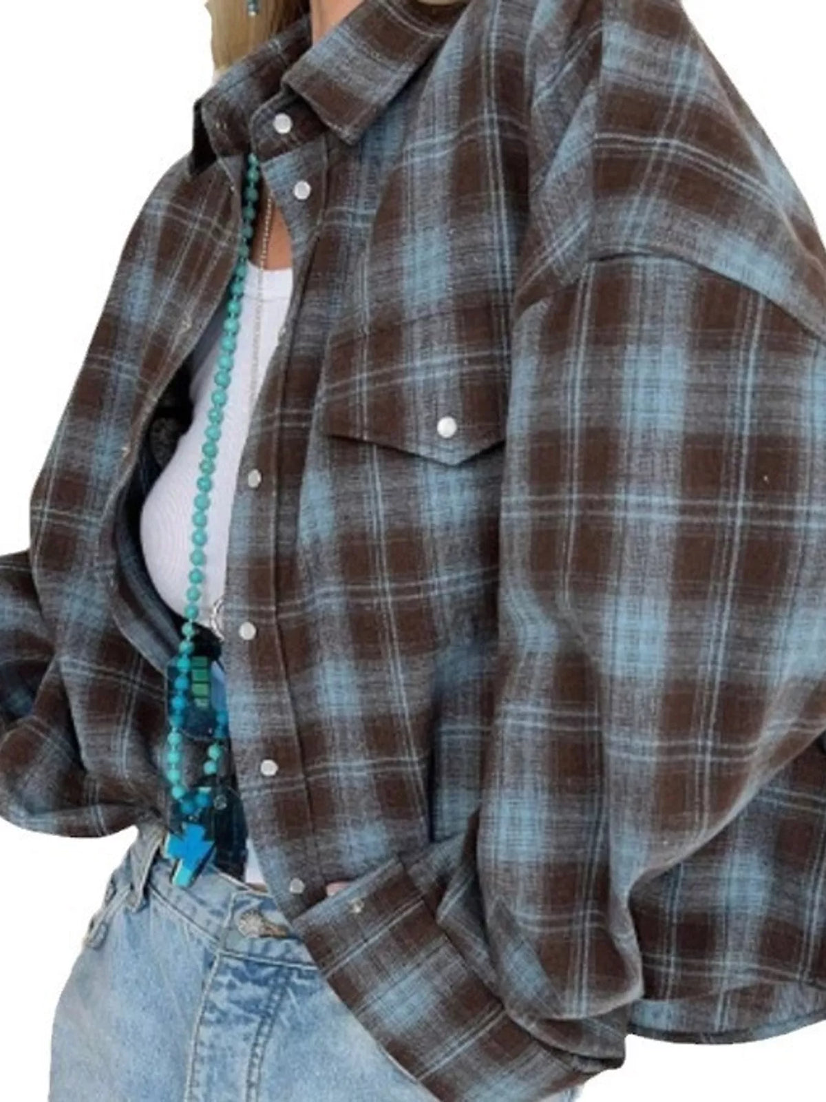 Blue and brown plaid button-up shirt with chest pockets
