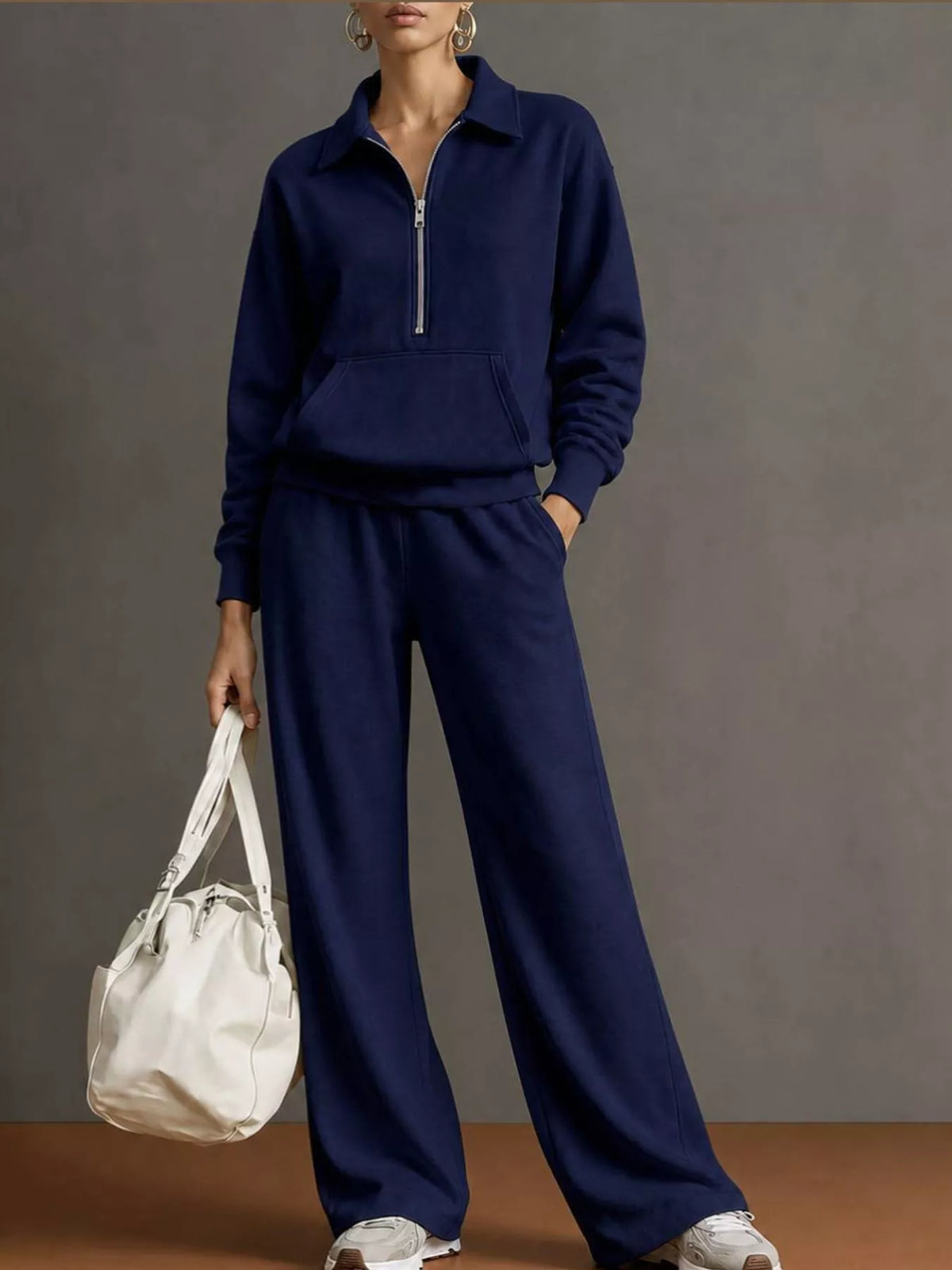 Half Zip Long Sleeve Top and Pants Set — front view