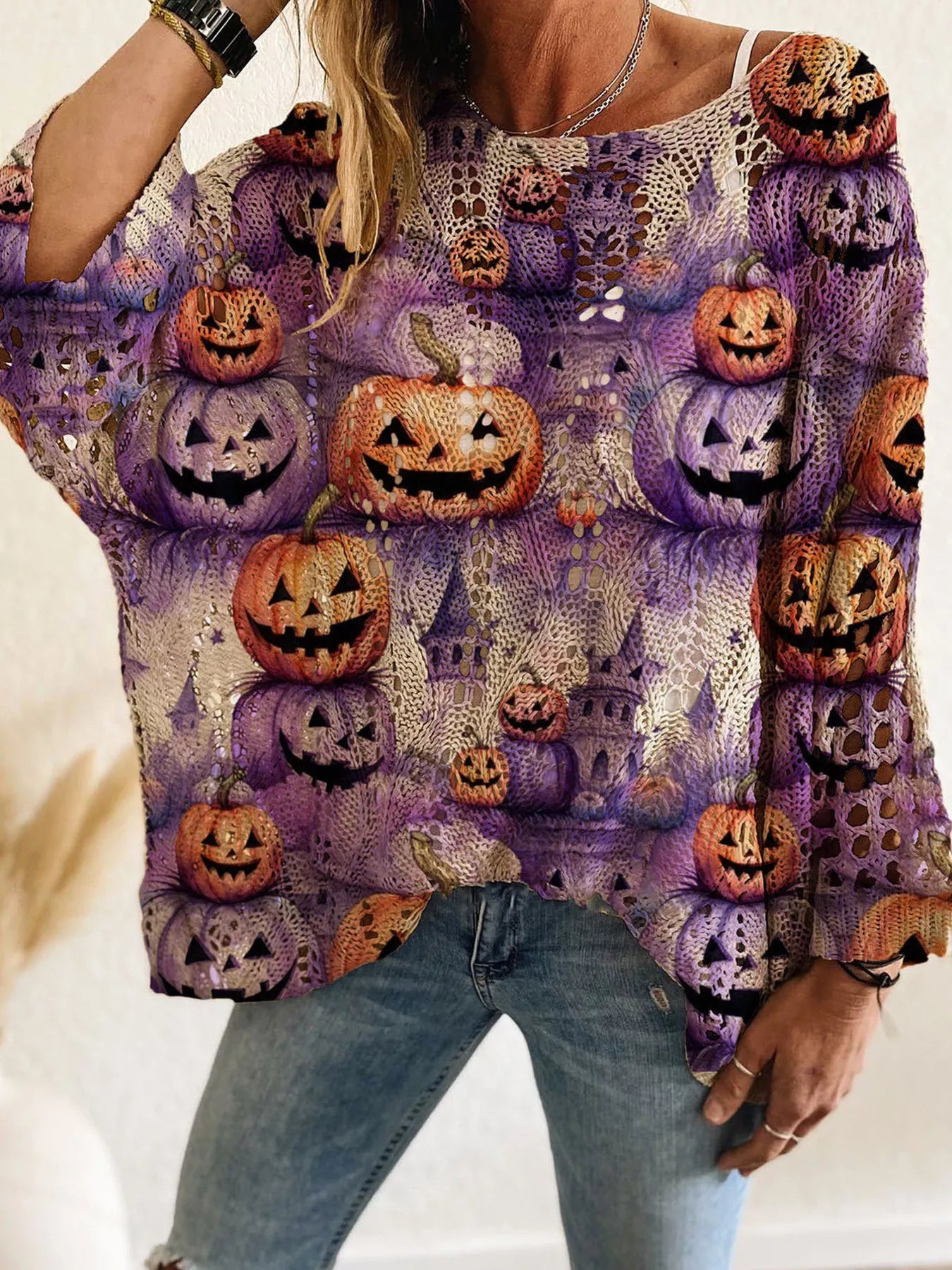 Trendsi Full Size Halloween Pumpkin Loose Knit Cover Up Plus Size -