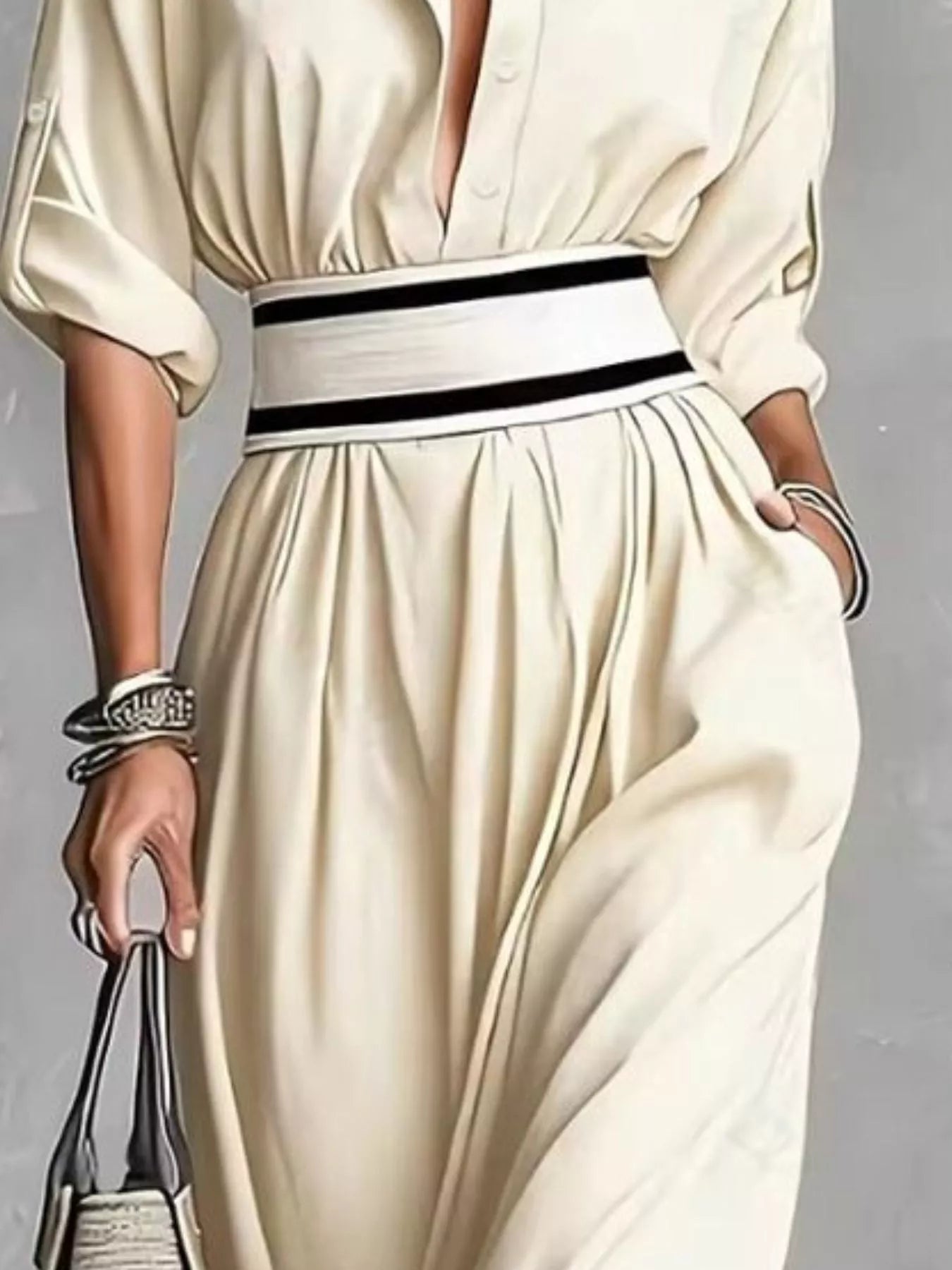 Trendsi Slit Roll-Up Sleeve Maxi Dress -