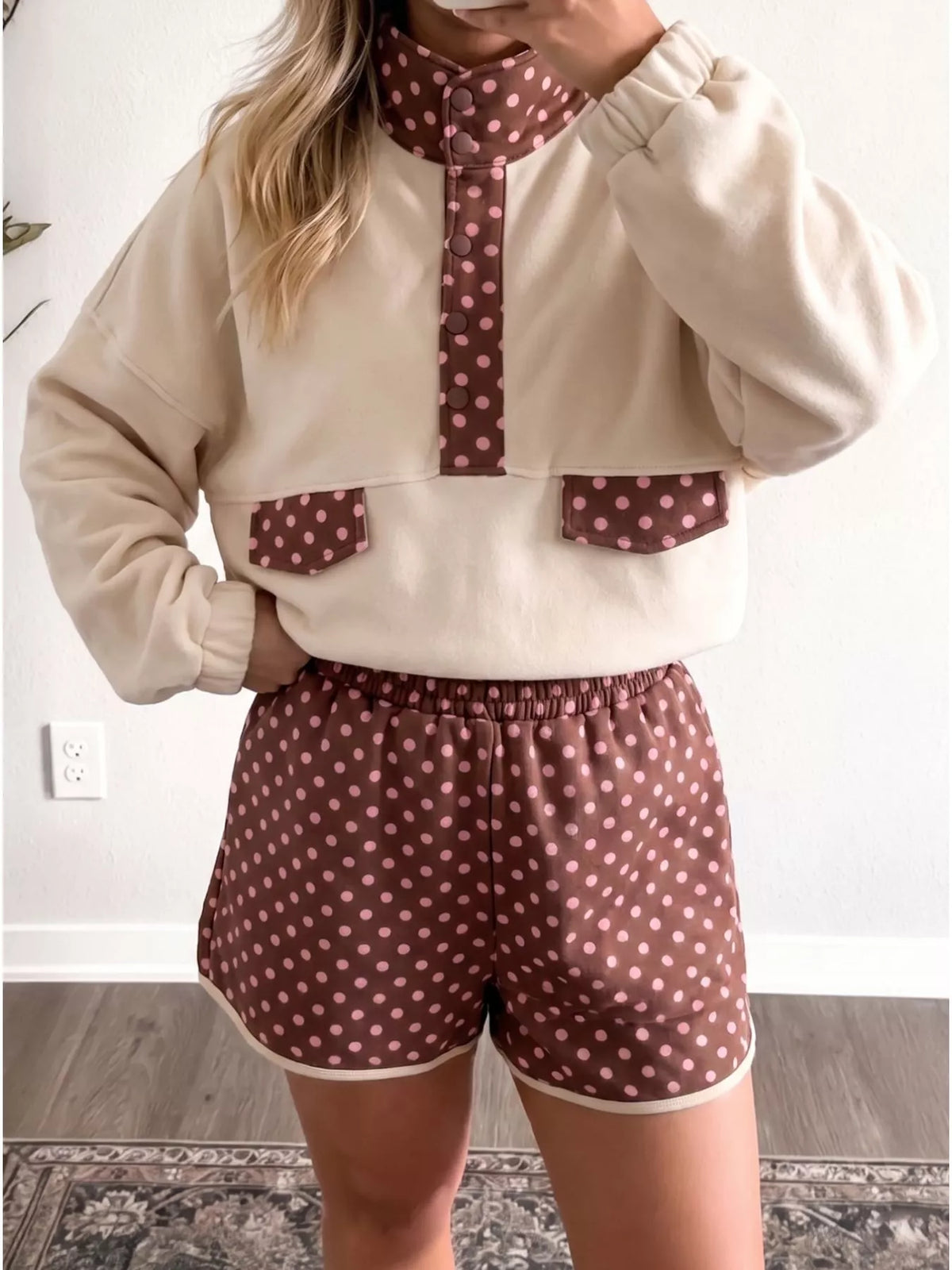 Polka-dot top and shorts set, cream brown set front