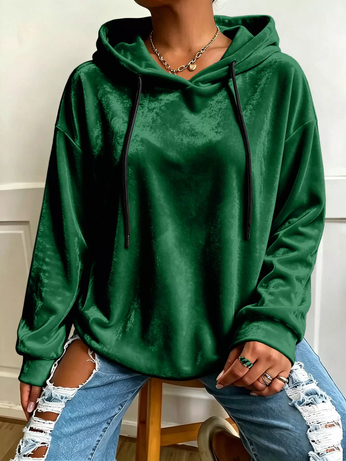 Green velvet drawstring hoodie
