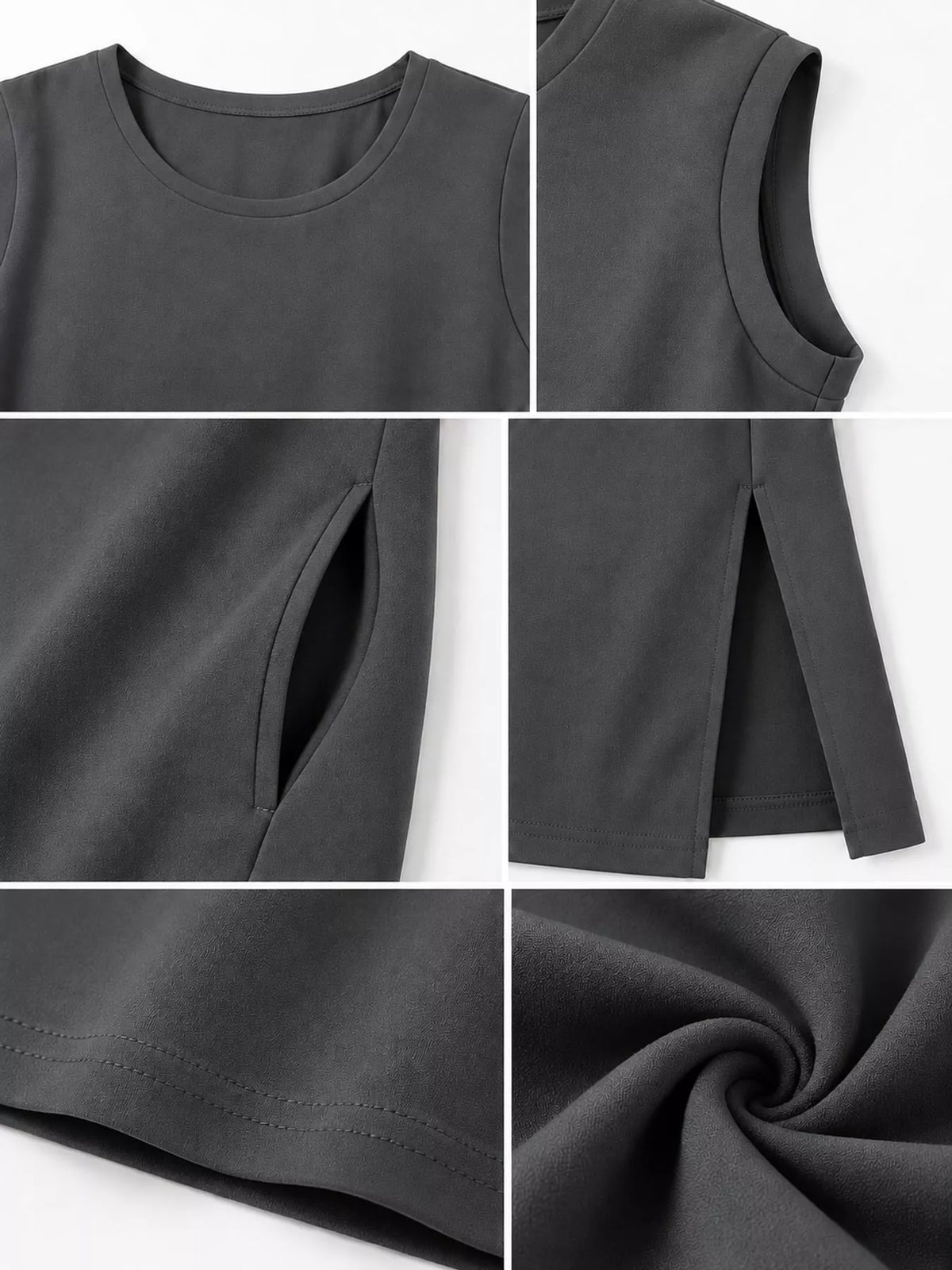 Round neck sleeveless maxi dress, construction and design details