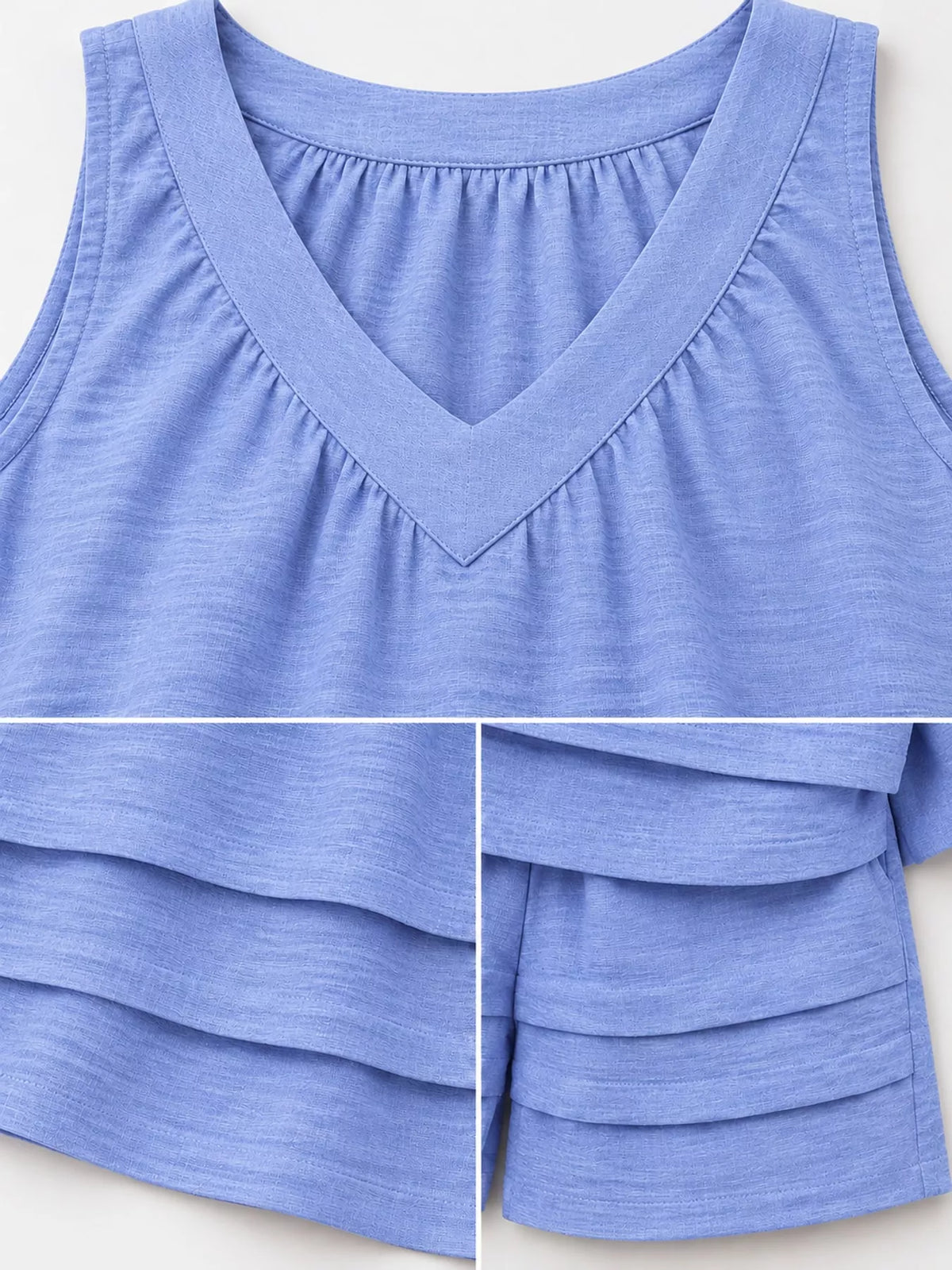 V-neck sleeveless outfit set, construction and design details
