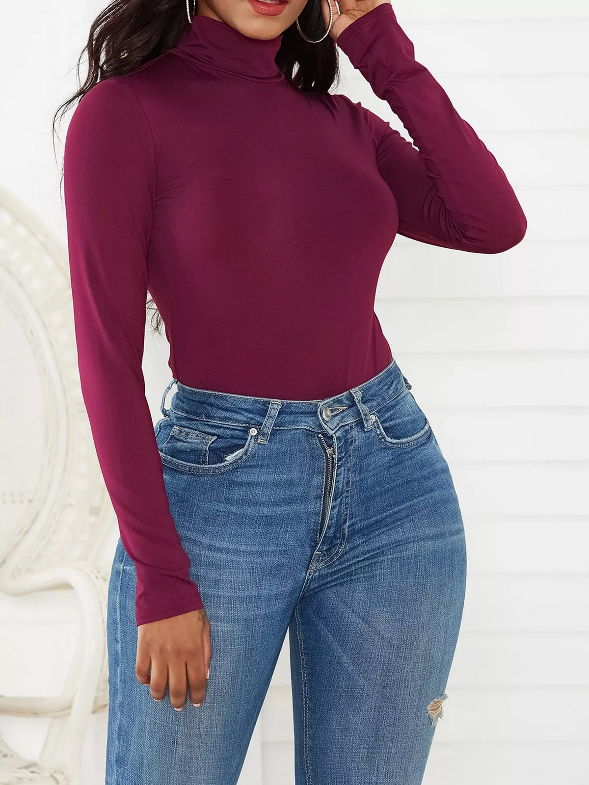 Long Sleeve Turtleneck Slim-Fit Bodysuit in wine red