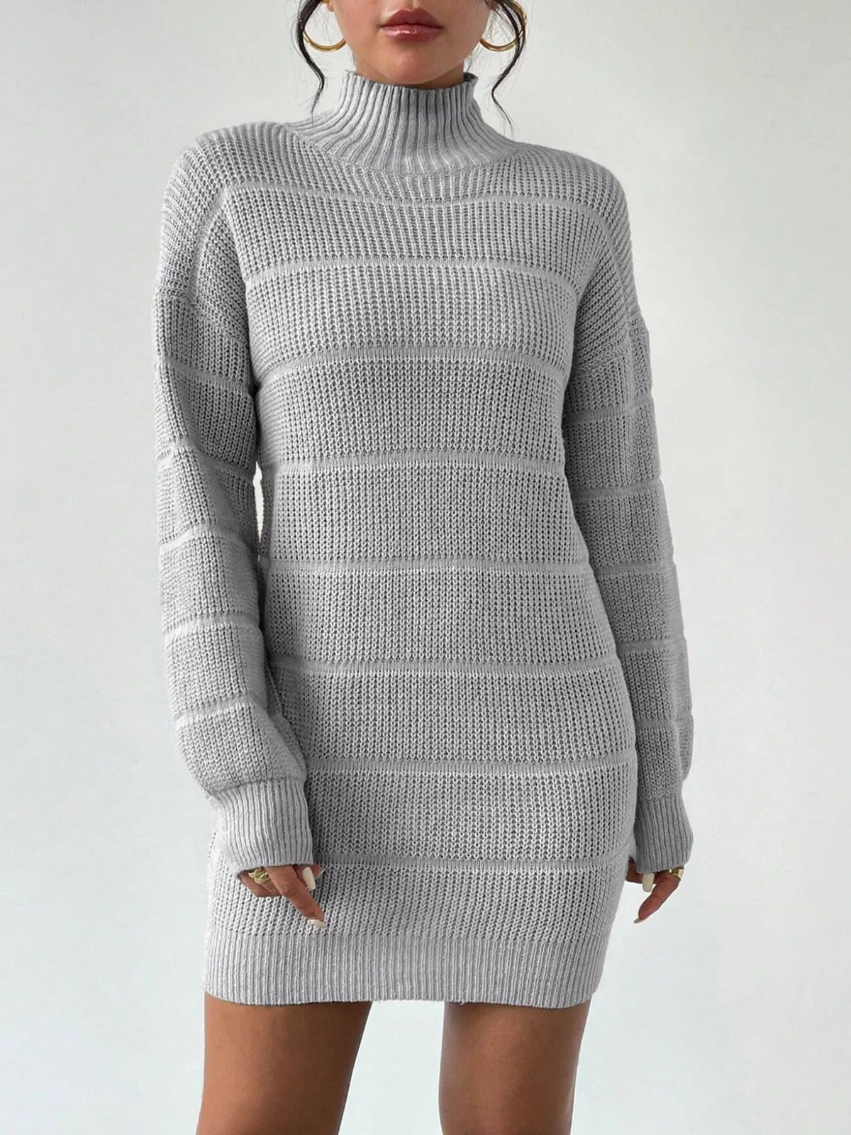 Women's Turtleneck Long Sleeve Sweater Dress in Dark Gray, front view