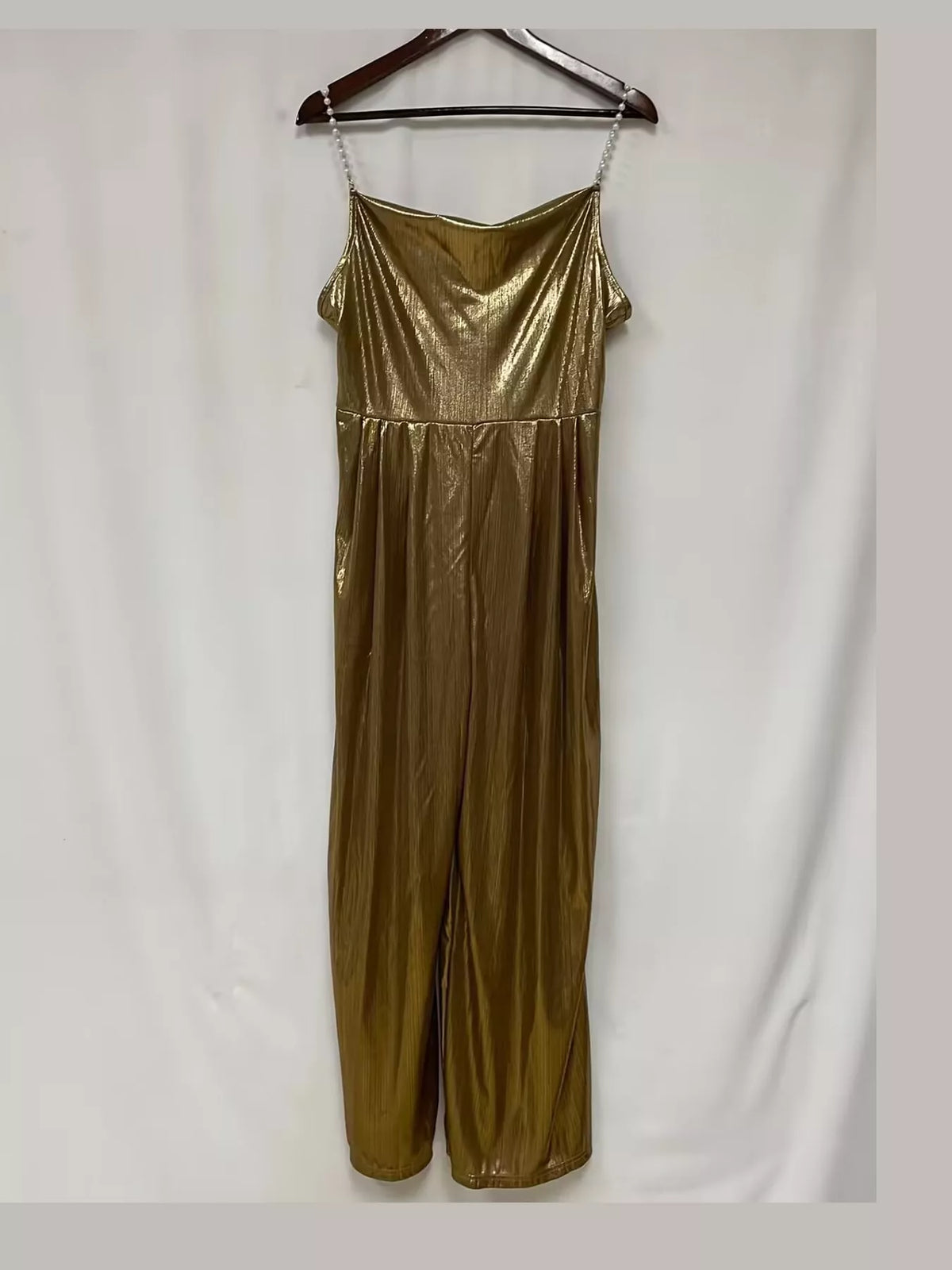 Metallic Wide-Leg Jumpsuit with Pearl Strap Detail in gold