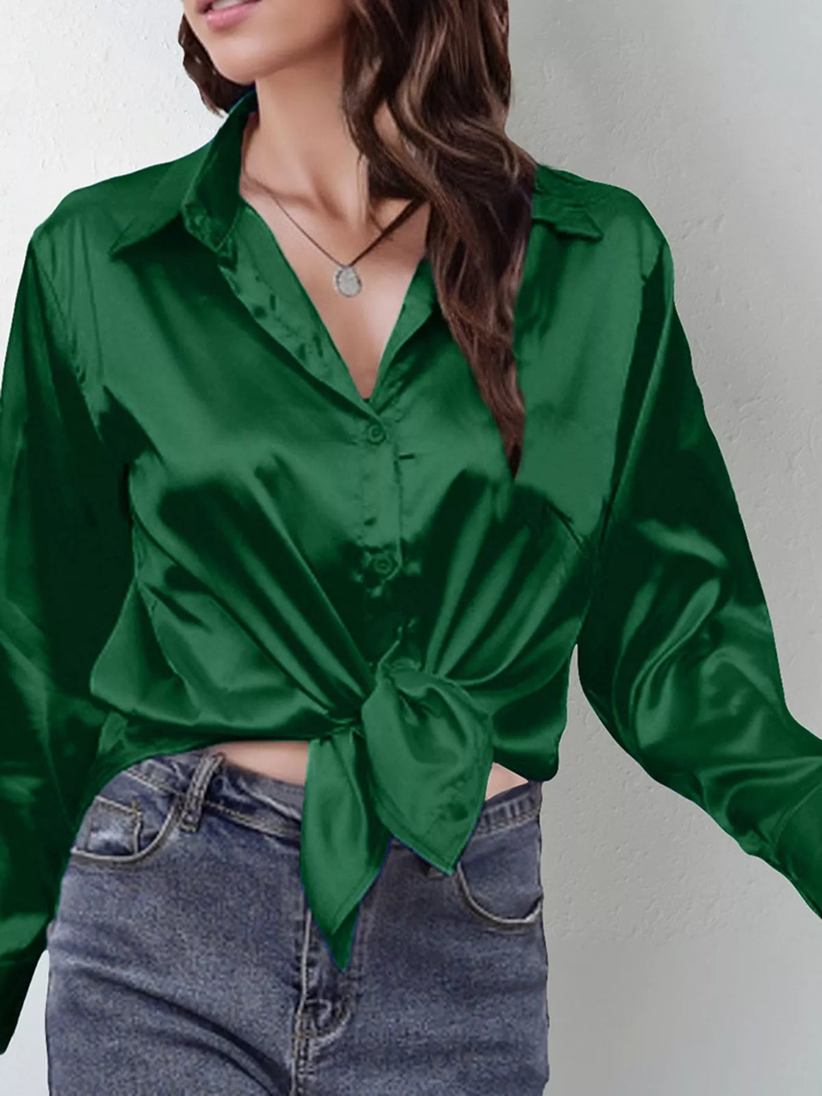 Dark Green satin button-down long sleeve shirt