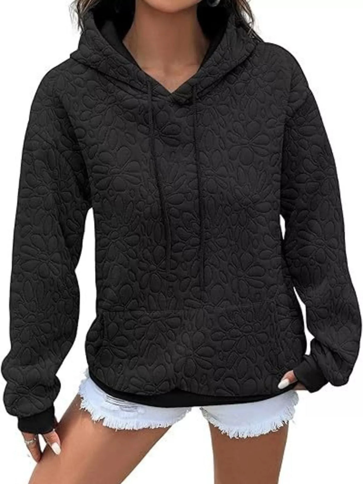 Black textured floral embossed drawstring hoodie