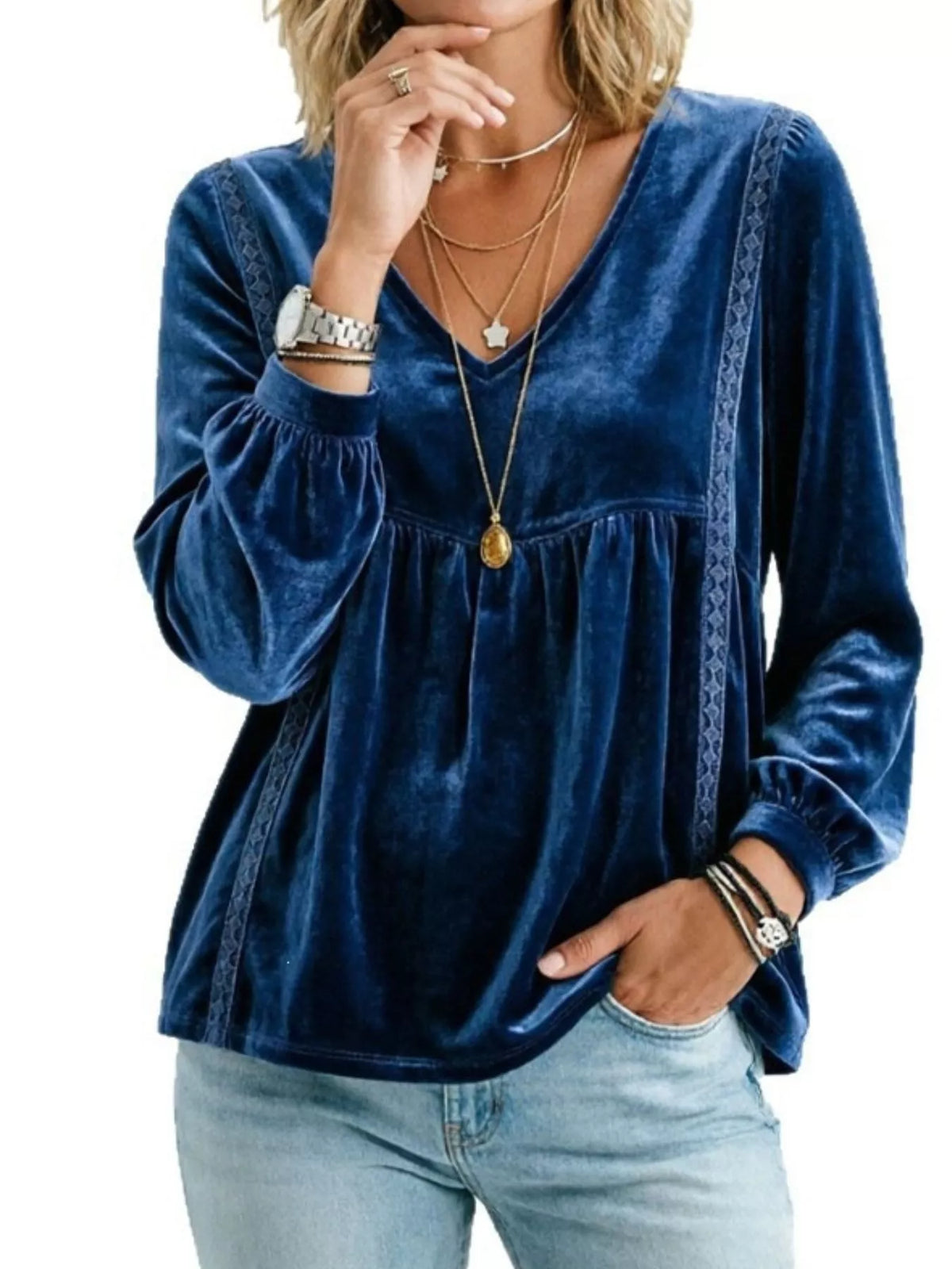 Women's V-Neck Long-Sleeve Velvet Blouse with Lace Trim — alternate view 3