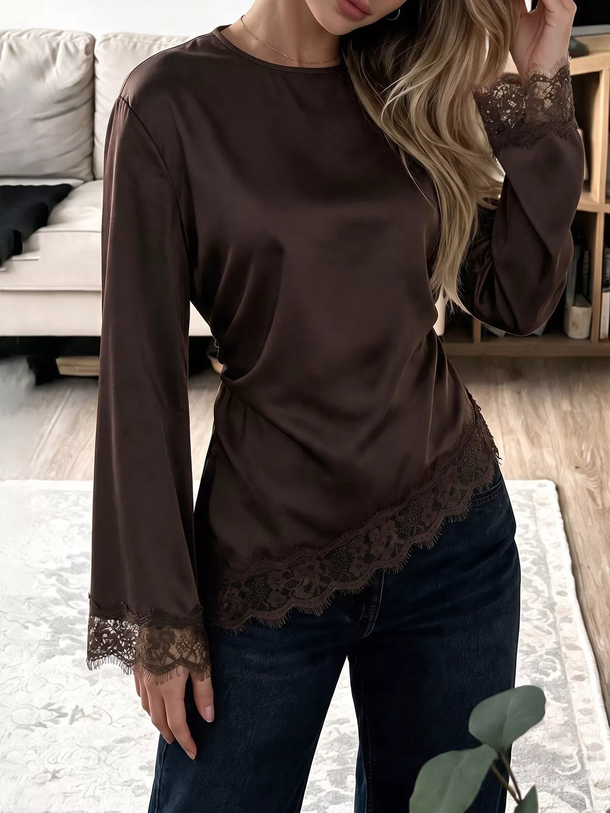 Coffee satin lace-trim blouse with flounce sleeves