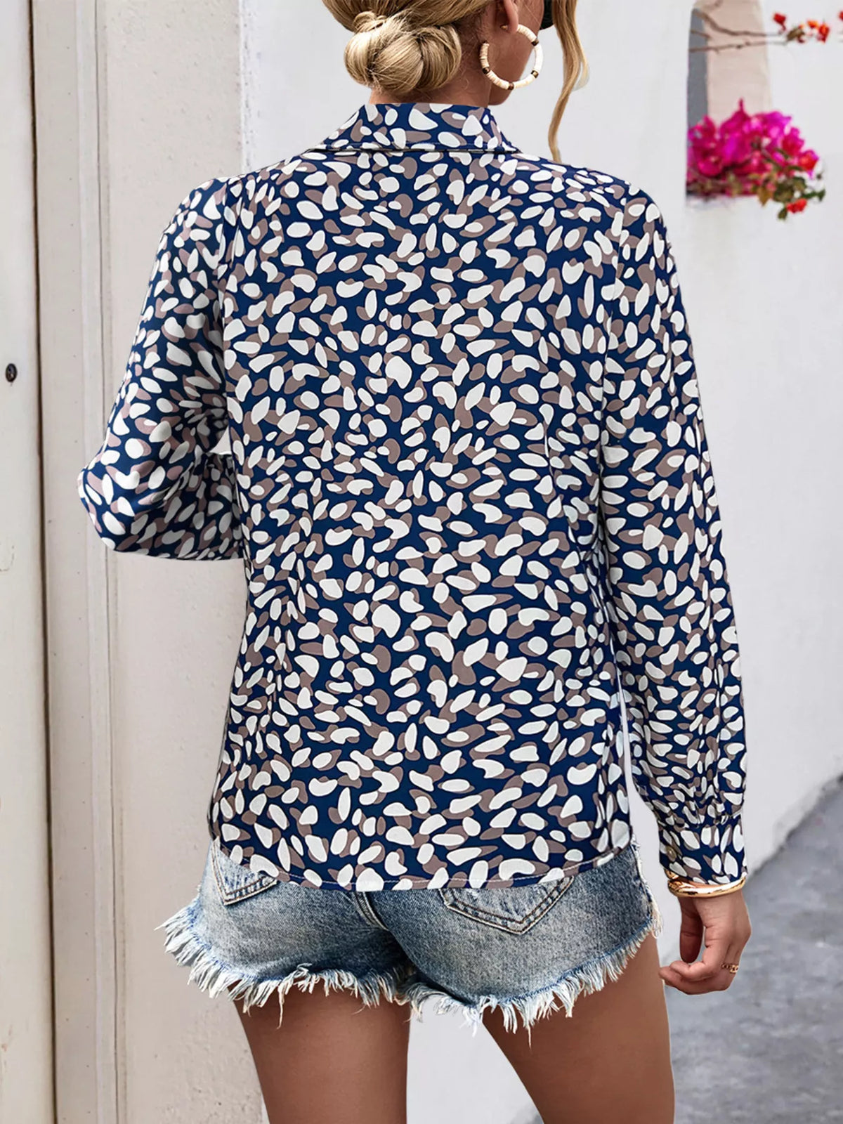 Printed Button-Down Long Sleeve Shirt in blue, abstract back view