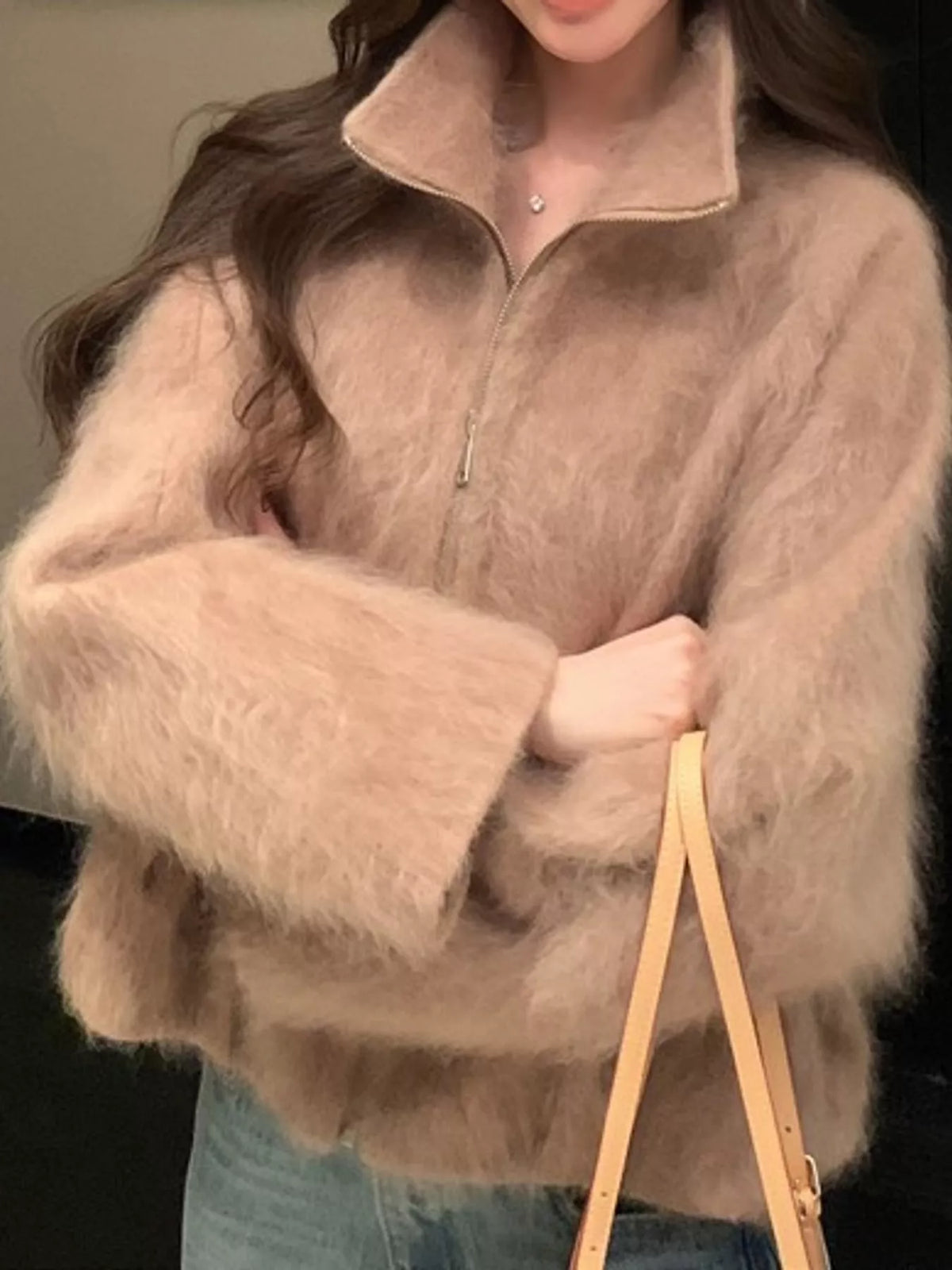 Fuzzy Zip-Up Stand Collar Jacket in camel