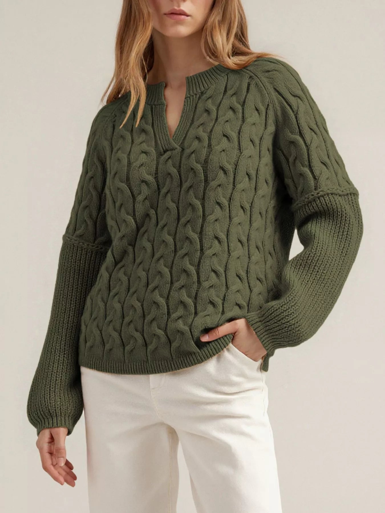 Trendsi Cable-Knit Dropped Shoulder Sweater -