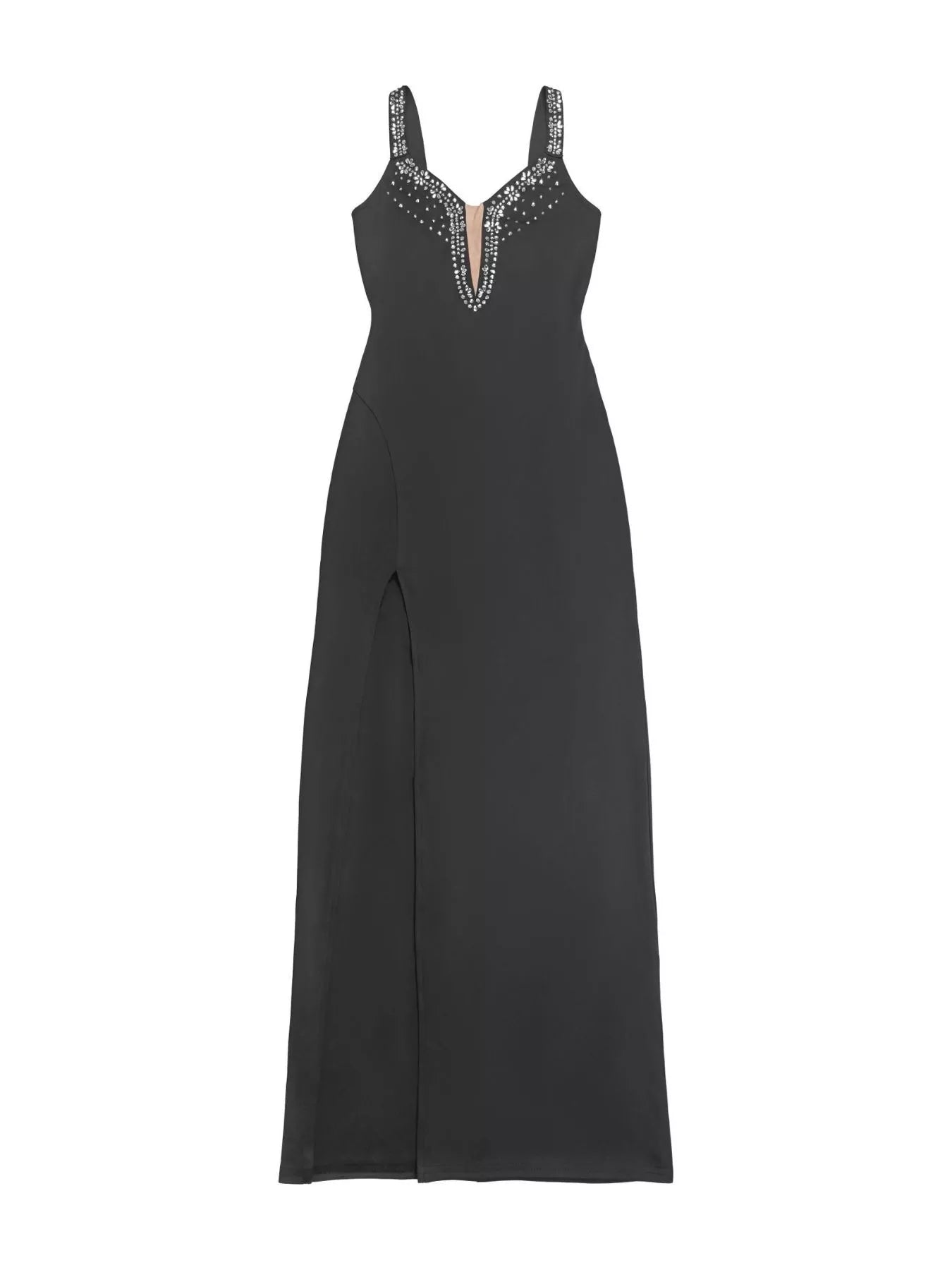 Trendsi Rhinestone Cutout Back High Slit Maxi Dress -