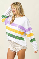 Trendsi BiBi Sequin Mardi Gras Striped Round Neck Sweatshirt -