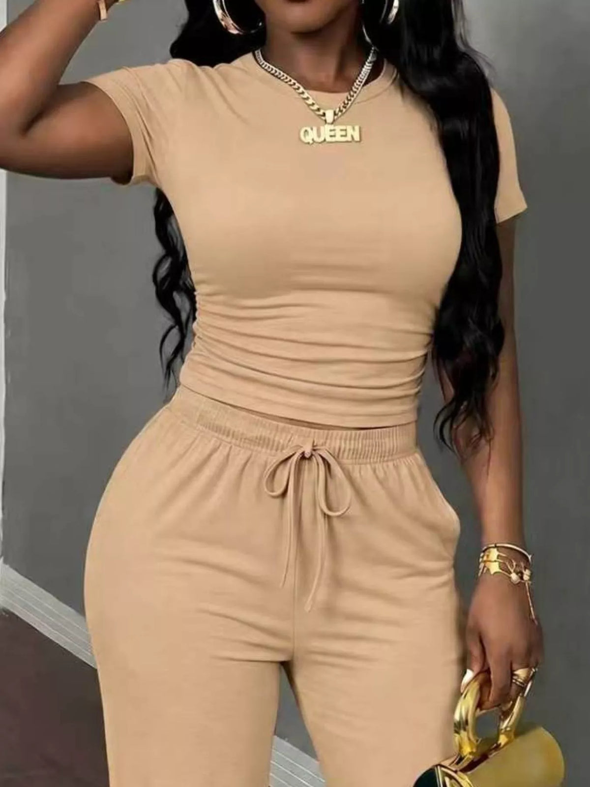 Light Brown Short Sleeve Top and Wide-Leg Pants Set, top detail