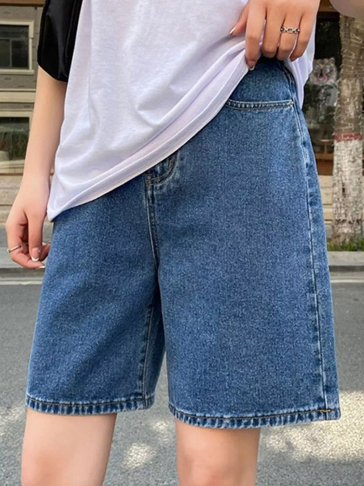 High-Waisted Loose Fit Denim Shorts in dark blue